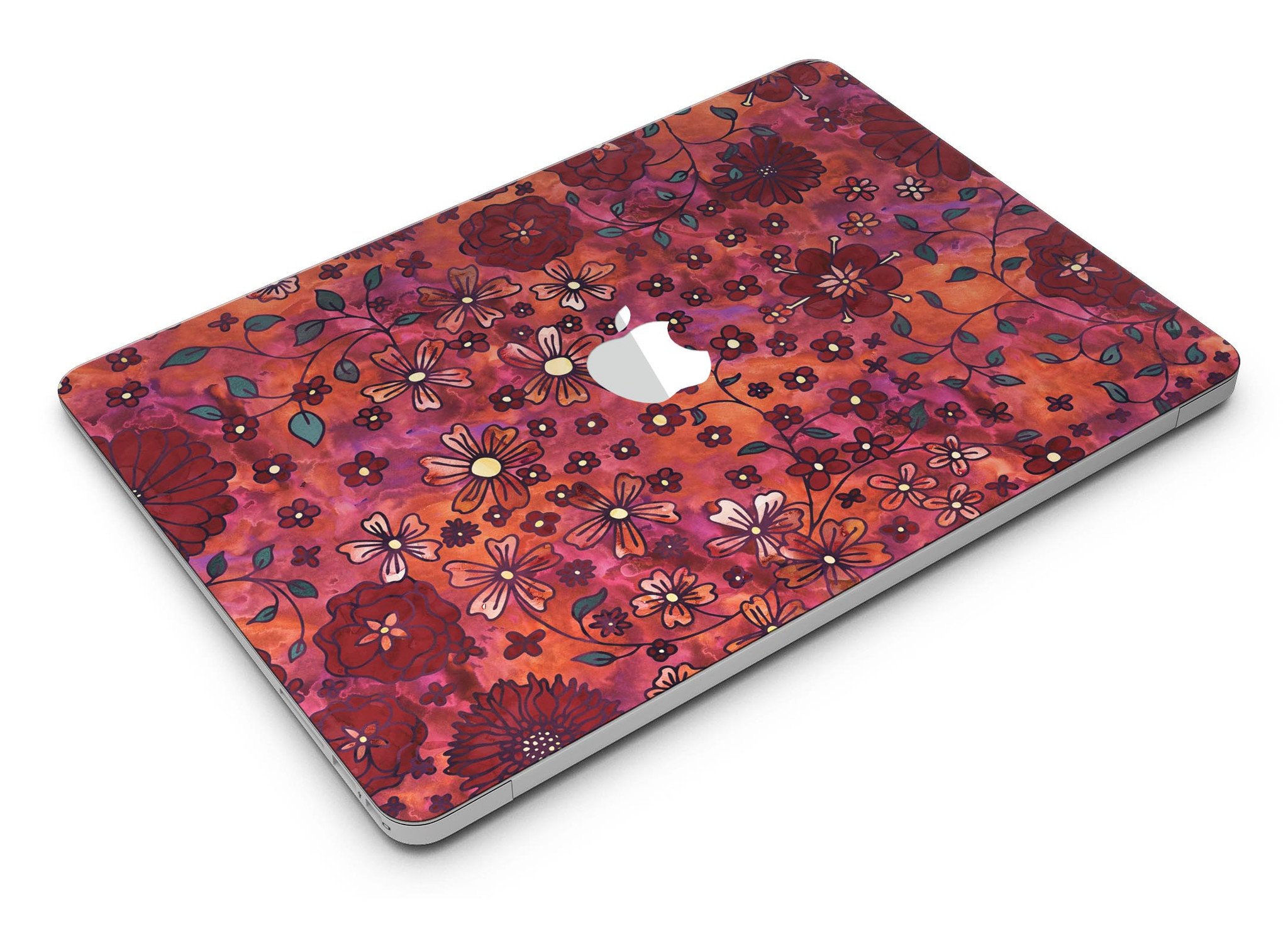 Floral Pattern on Red Watercolor MacBook Air Skin Kit showcasing vibrant floral designs on a red background.