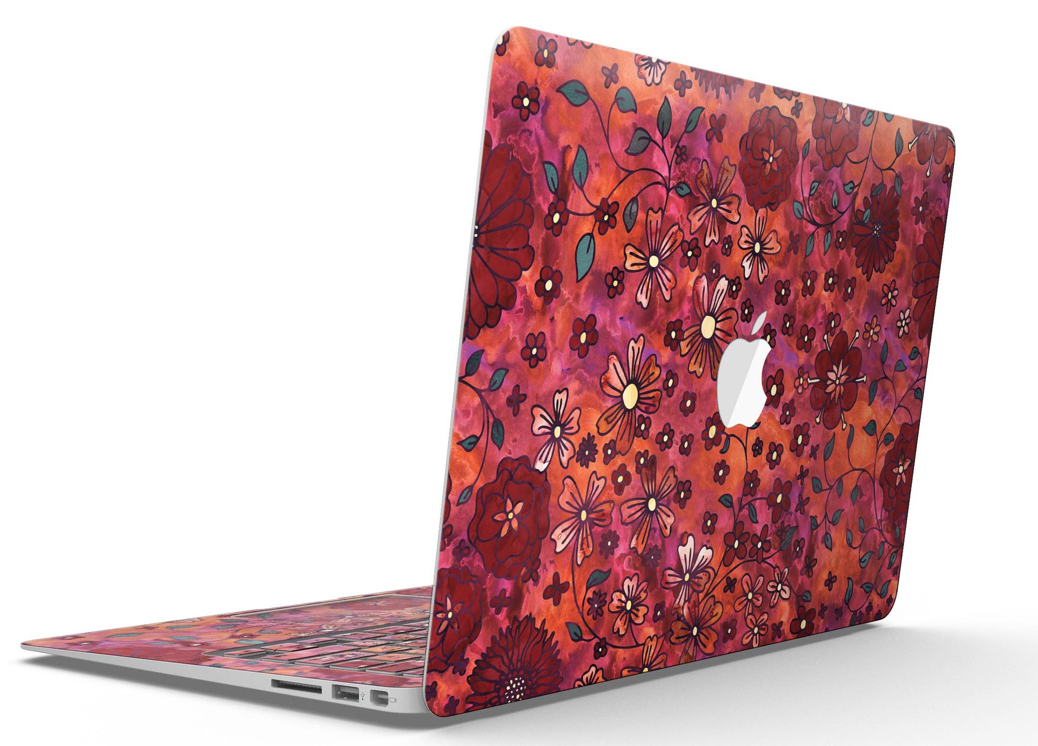Floral Pattern on Red Watercolor MacBook Air Skin Kit showcasing vibrant floral designs on a red background.