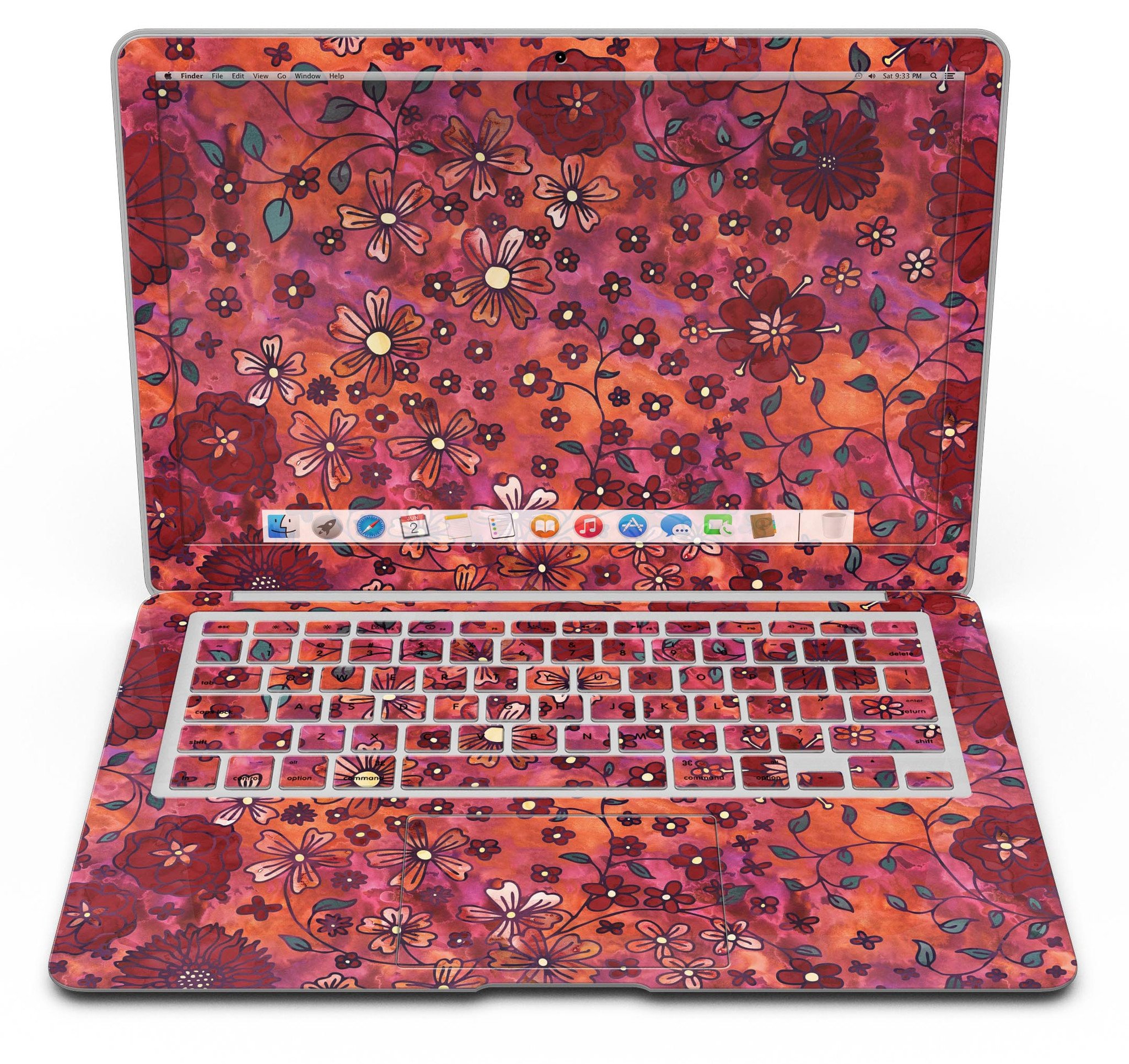 Floral Pattern on Red Watercolor MacBook Air Skin Kit showcasing vibrant floral designs on a red background.