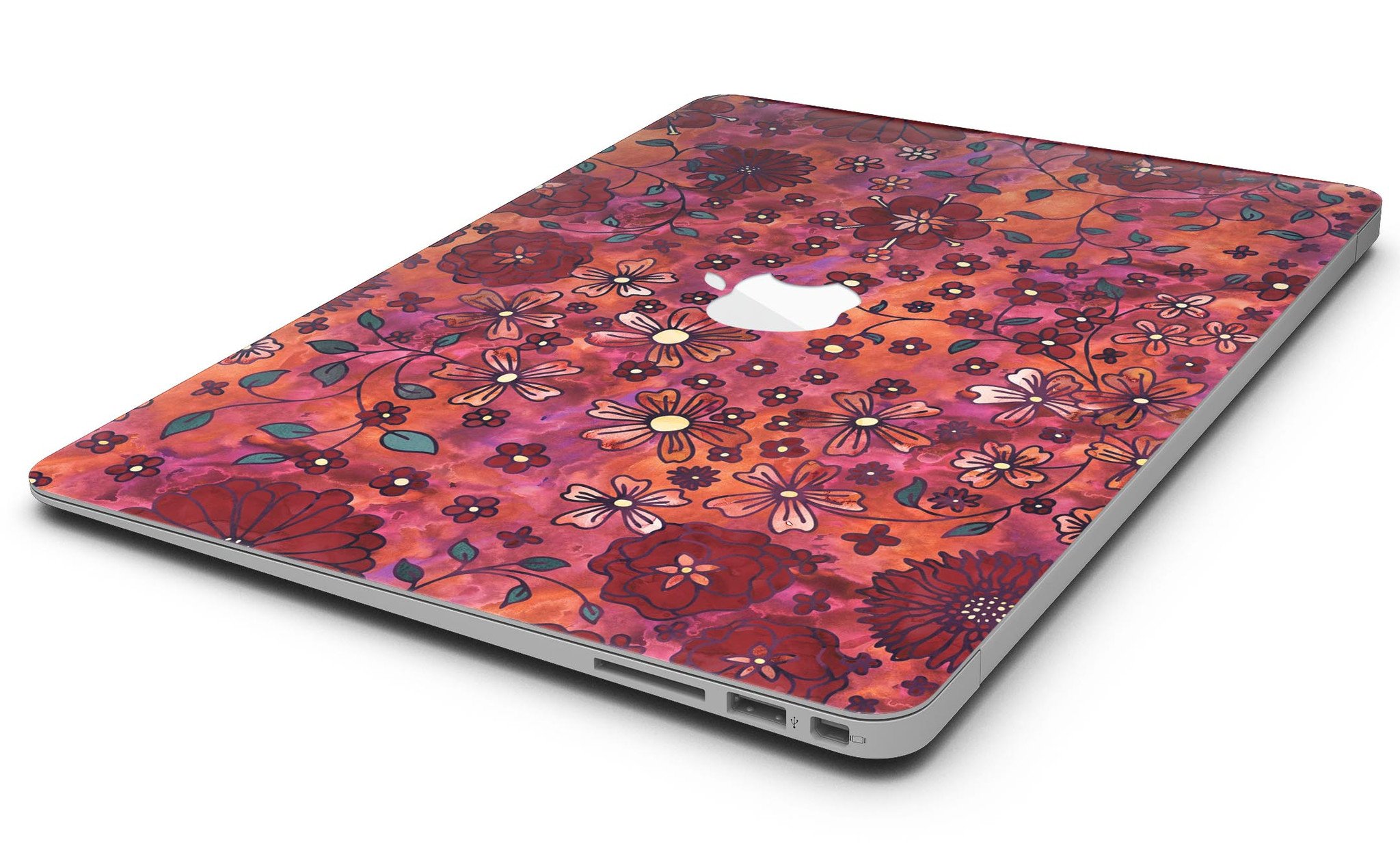 Floral Pattern on Red Watercolor MacBook Air Skin Kit showcasing vibrant floral designs on a red background.
