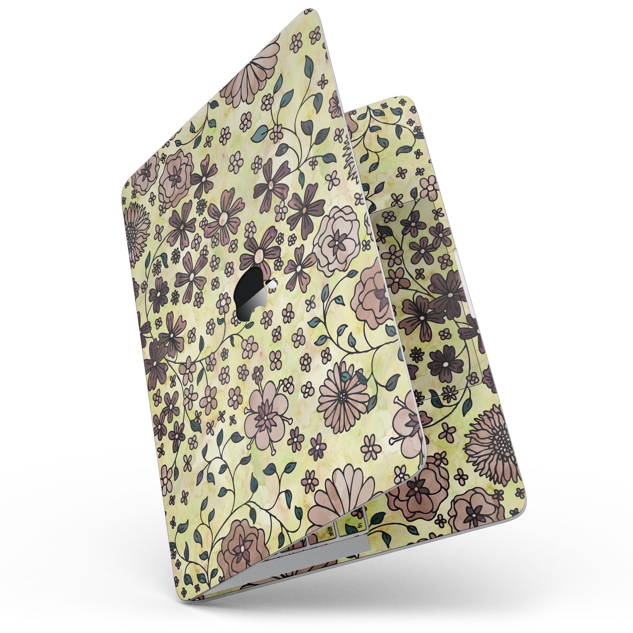 Floral pattern skin on a yellow watercolor background for a 13" MacBook Pro without Touch Bar, showcasing vibrant colors and design.