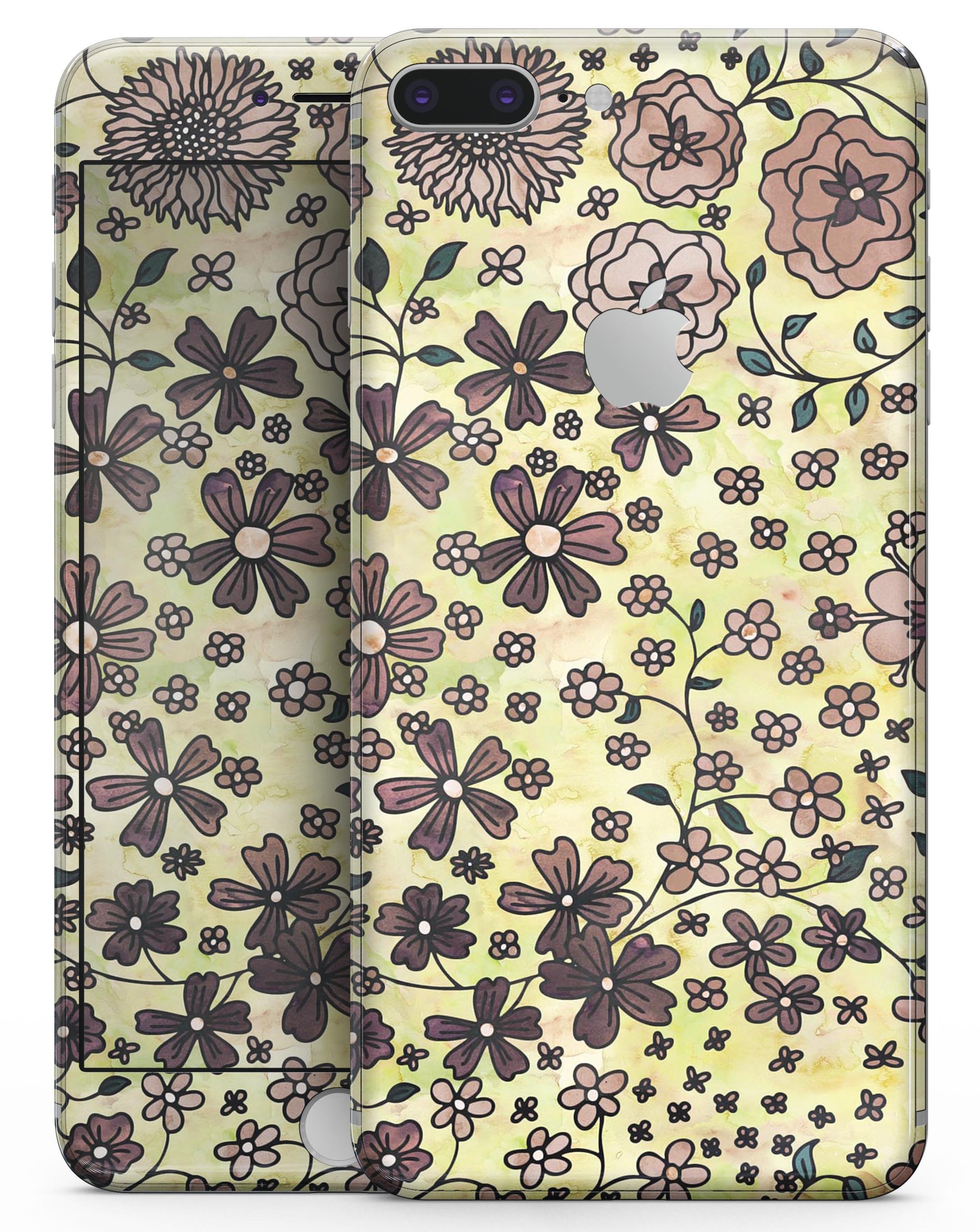 Floral Pattern on Yellow Watercolor skin for iPhone 8 and 8 Plus, showcasing vibrant colors and intricate floral designs.