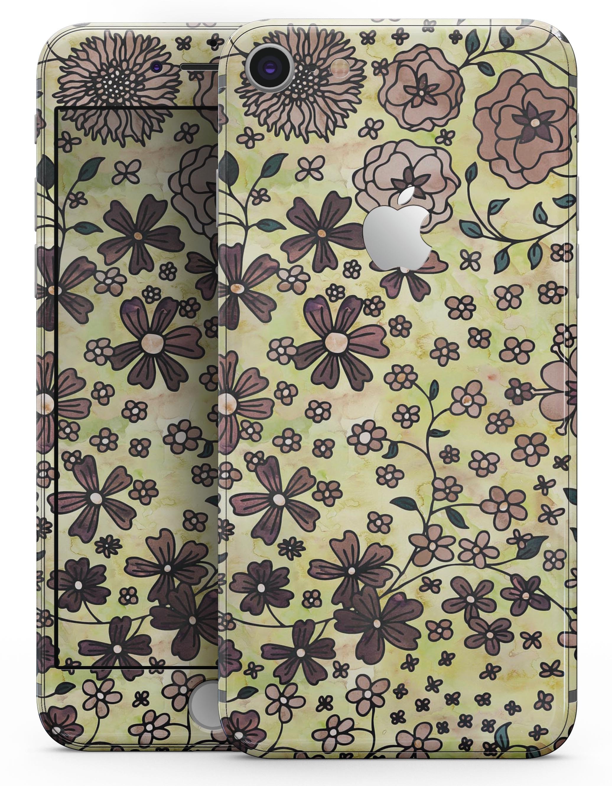 Floral Pattern on Yellow Watercolor skin for iPhone 8 and 8 Plus, showcasing vibrant colors and intricate floral designs.