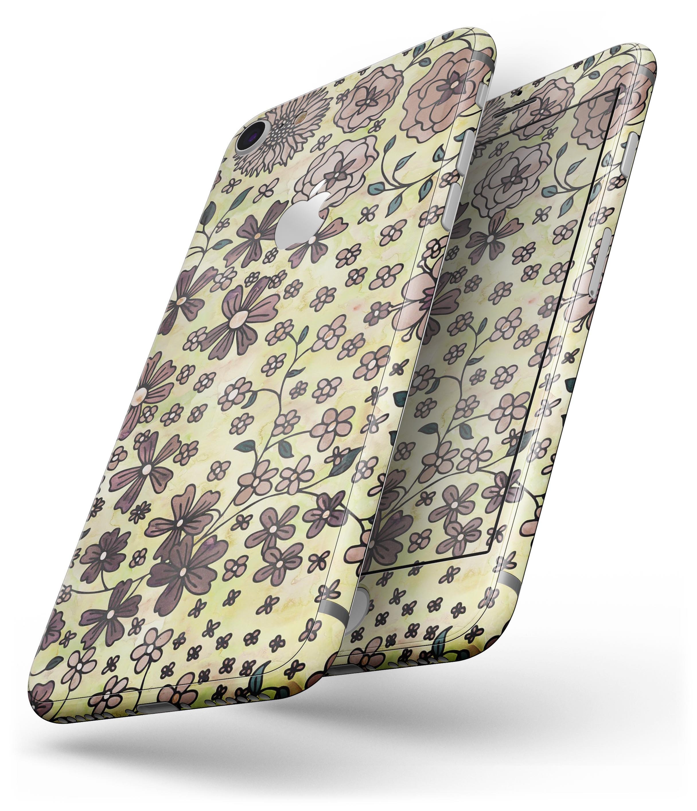 Floral Pattern on Yellow Watercolor skin for iPhone 8 and 8 Plus, showcasing vibrant colors and intricate floral designs.