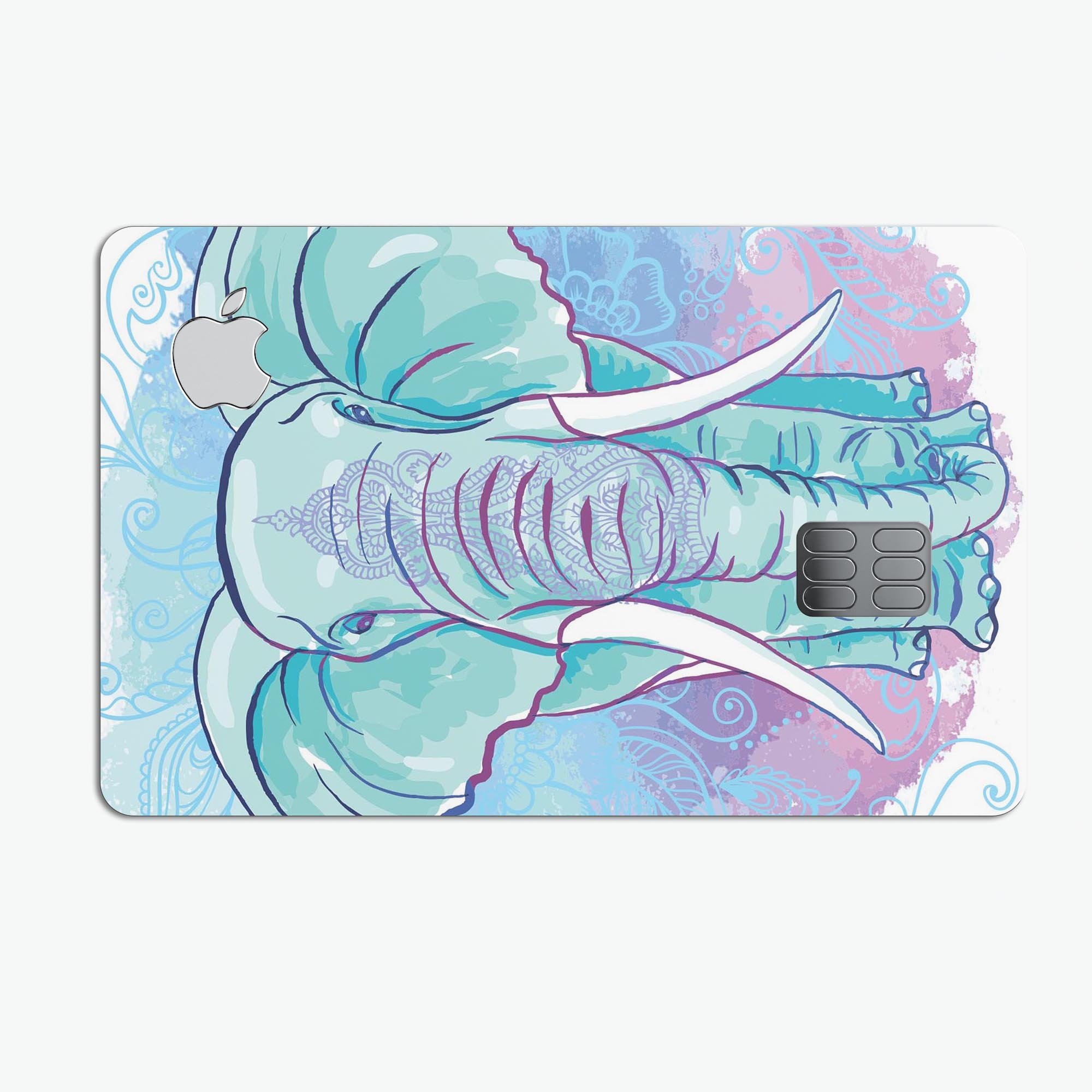 Flourished Blue & Purple Sacred Elephant decal on an Apple Card, showcasing its vibrant design and premium quality.