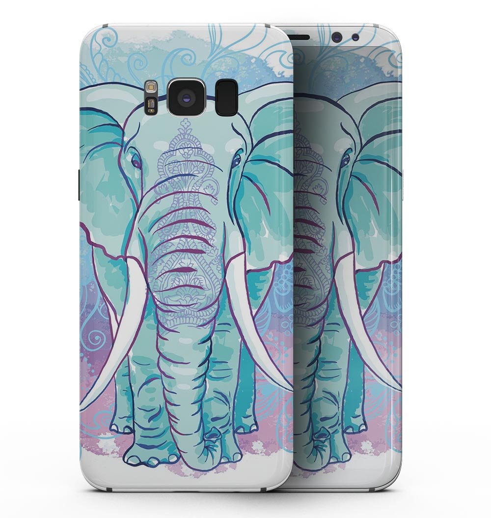 Flourished Blue & Purple Sacred Elephant skin for Samsung Galaxy S8, showcasing vibrant colors and intricate design.