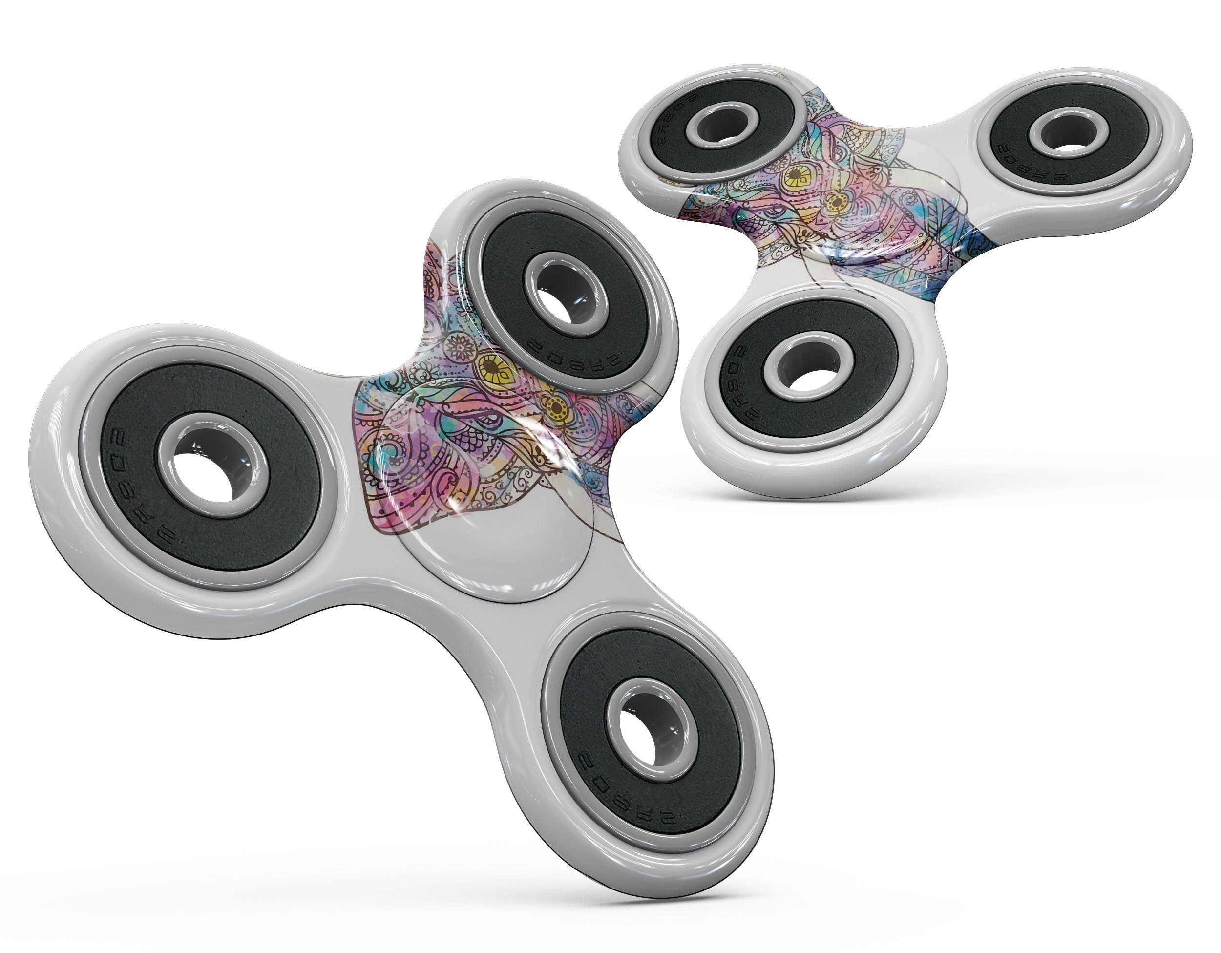 Flourished Sacred Elephant Full-Body Fidget Spinner Skin-Kit showcasing vibrant elephant design on premium vinyl.