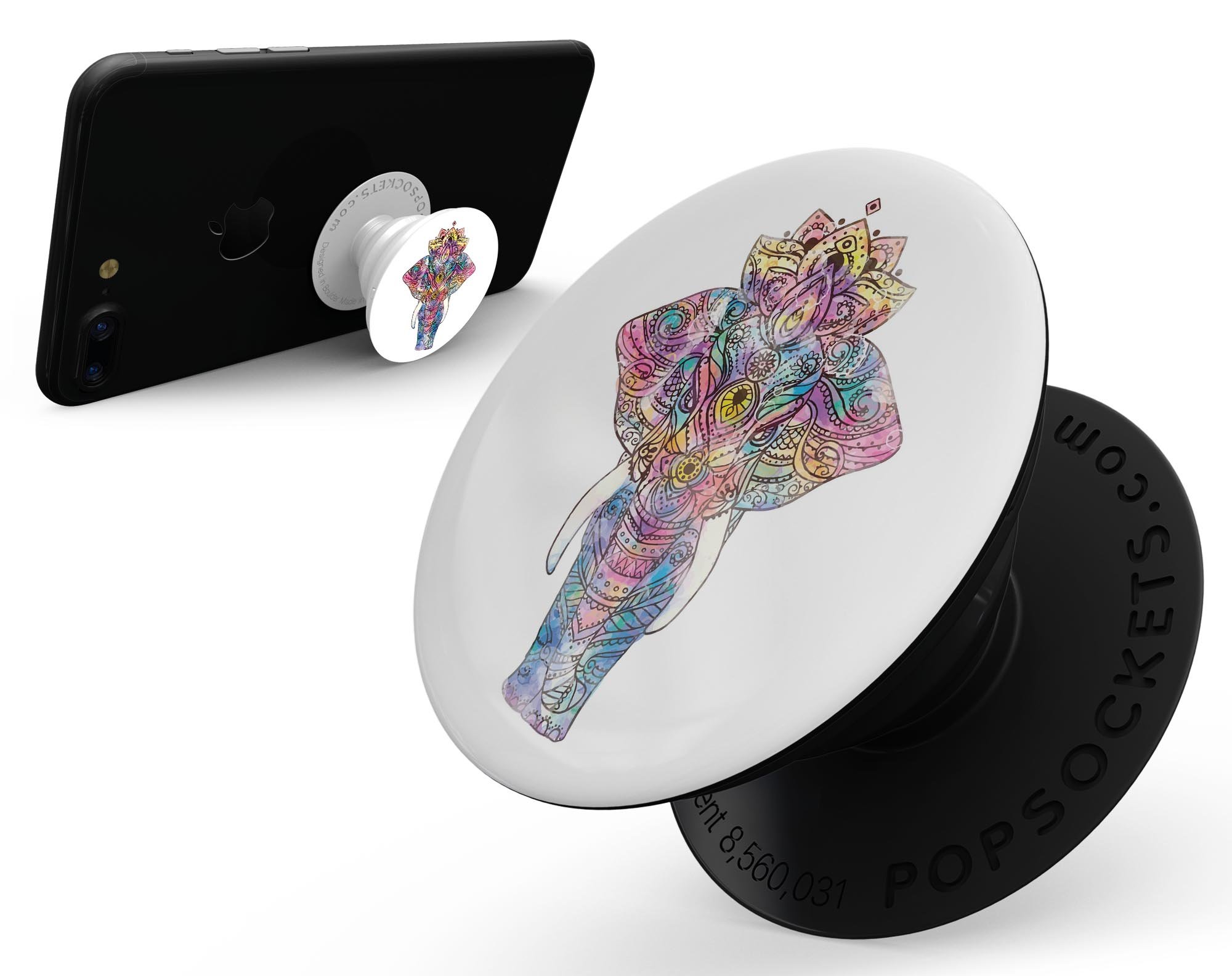 Flourished Sacred Elephant Skin Kit for PopSockets, featuring vibrant colors and intricate elephant design on premium vinyl.