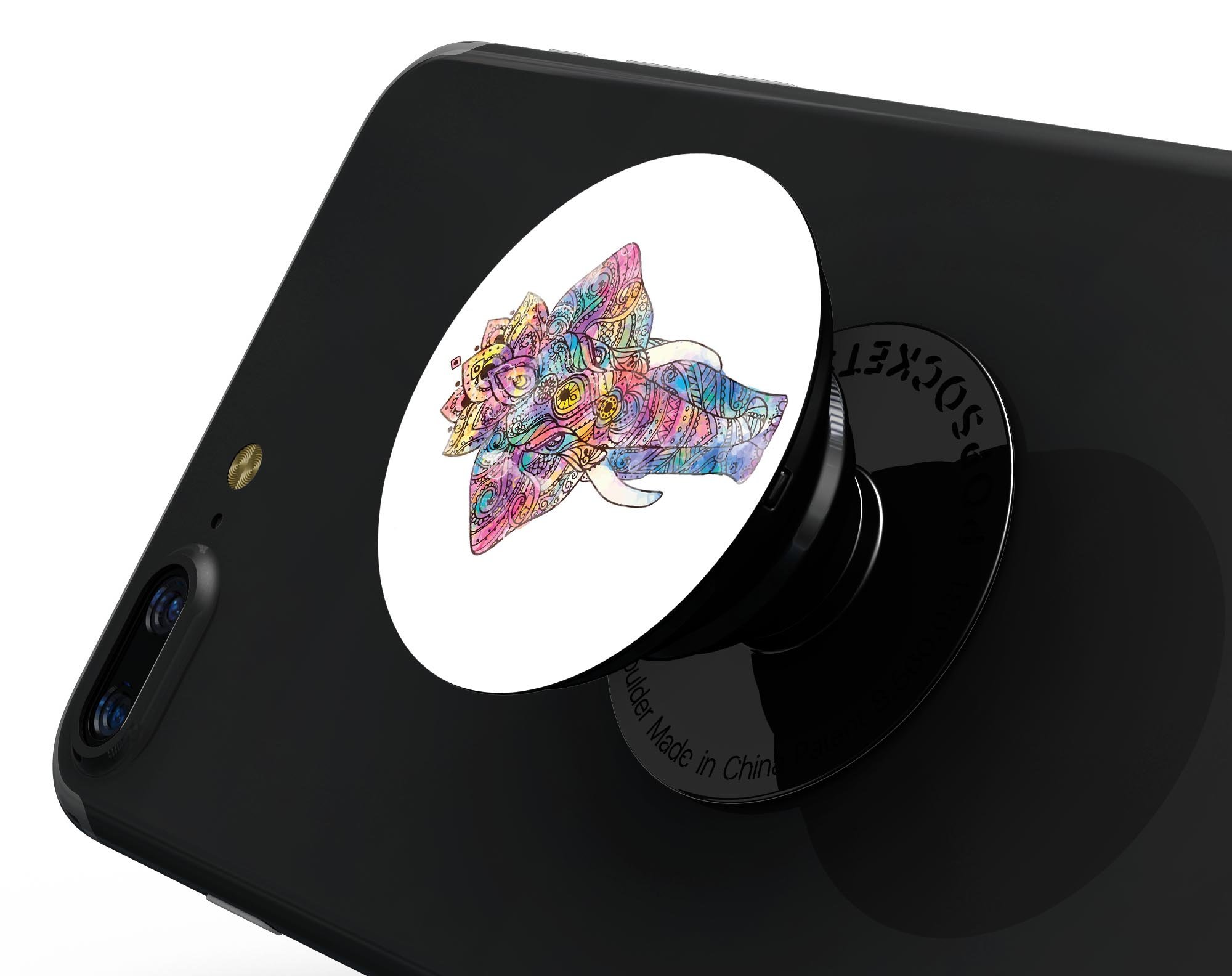 Flourished Sacred Elephant Skin Kit for PopSockets, featuring vibrant colors and intricate elephant design on premium vinyl.