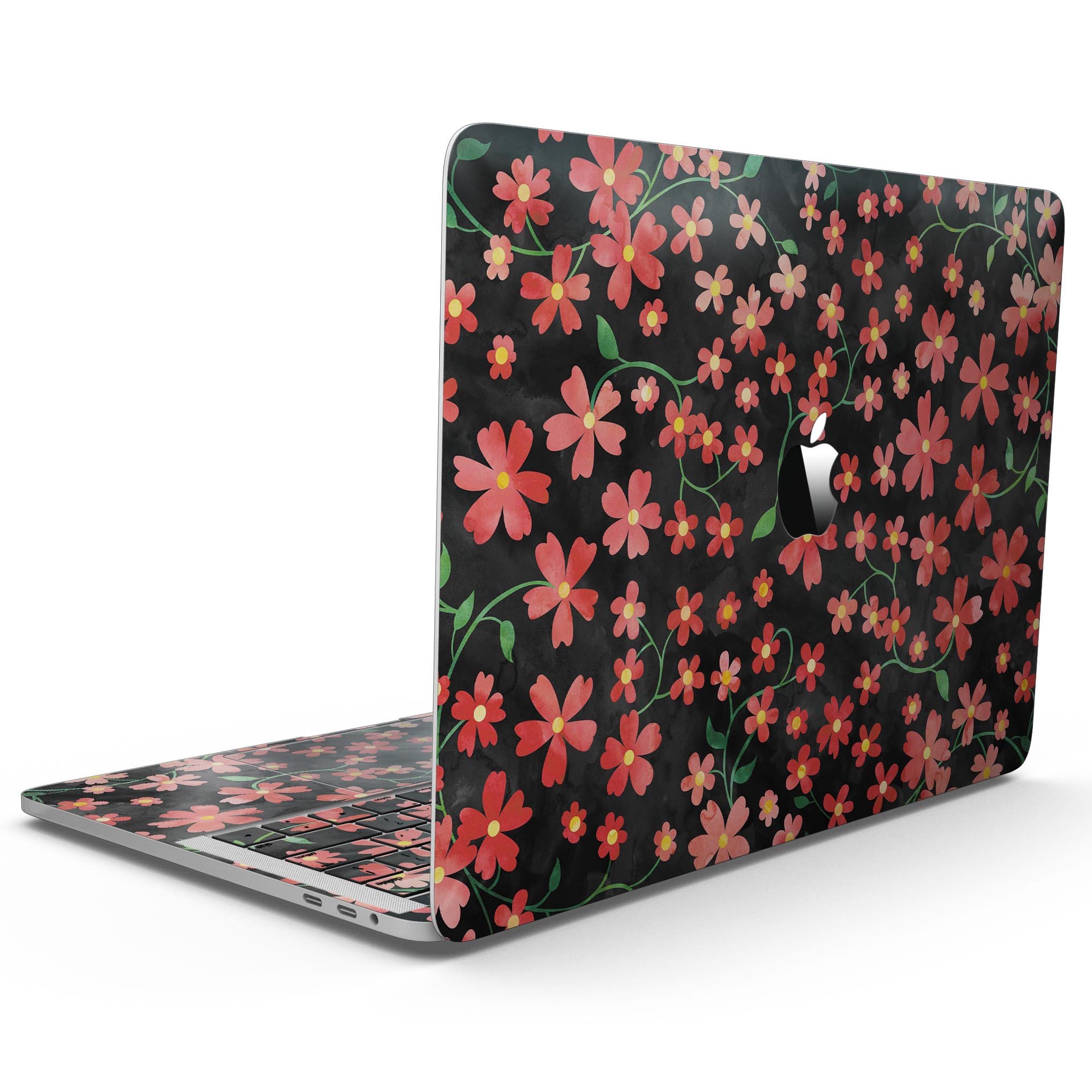 A 13" MacBook Pro with a Flowers with Stems design skin, showcasing vibrant floral patterns on a black watercolor background.