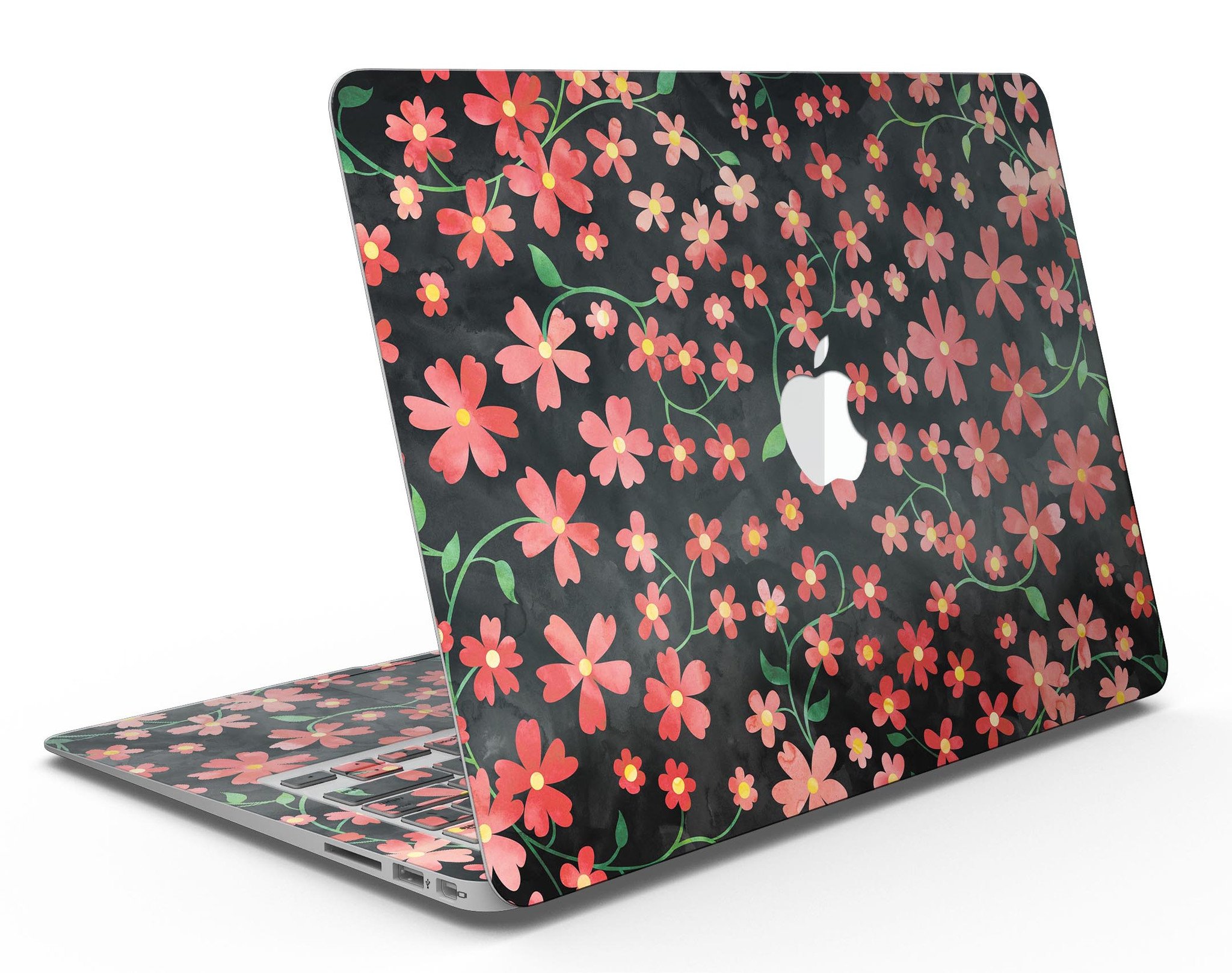 Flowers with Stems design on a black watercolor background for MacBook Air skin kit, showcasing vibrant floral patterns.