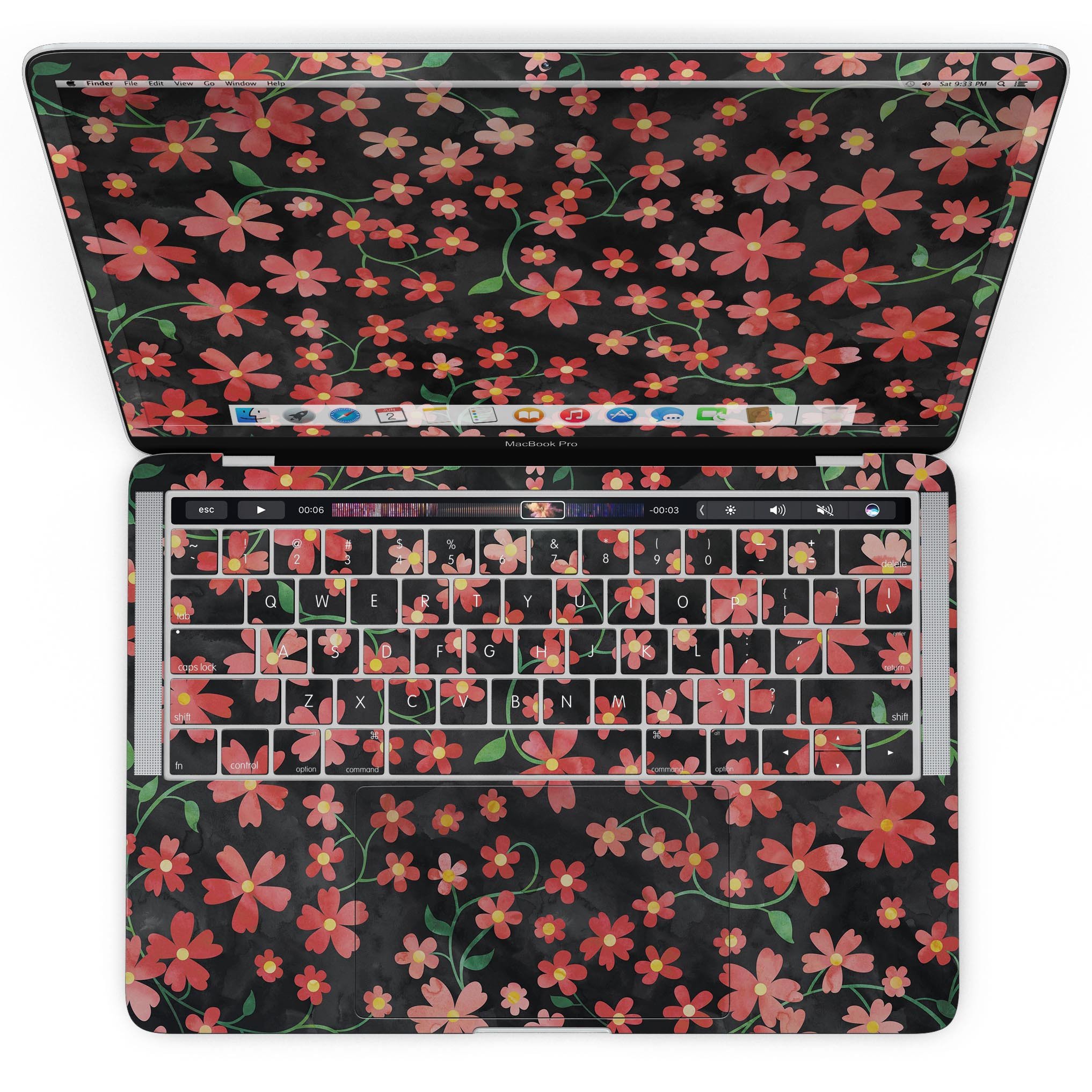 A MacBook Pro with Touch Bar featuring a vibrant Flowers with Stems design skin, showcasing its stylish floral pattern against a black watercolor background.