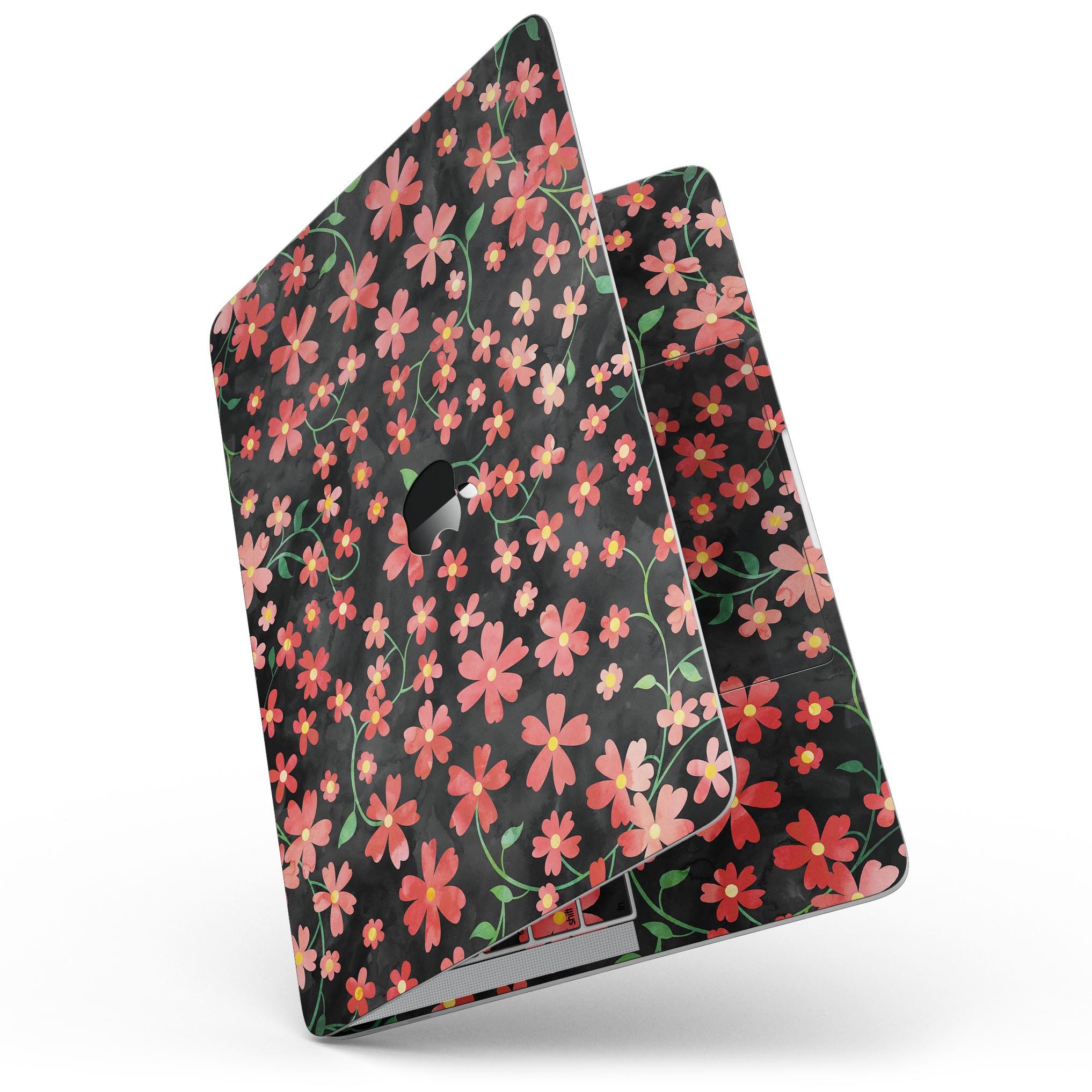A MacBook Pro with Touch Bar featuring a vibrant Flowers with Stems design skin, showcasing its stylish floral pattern against a black watercolor background.