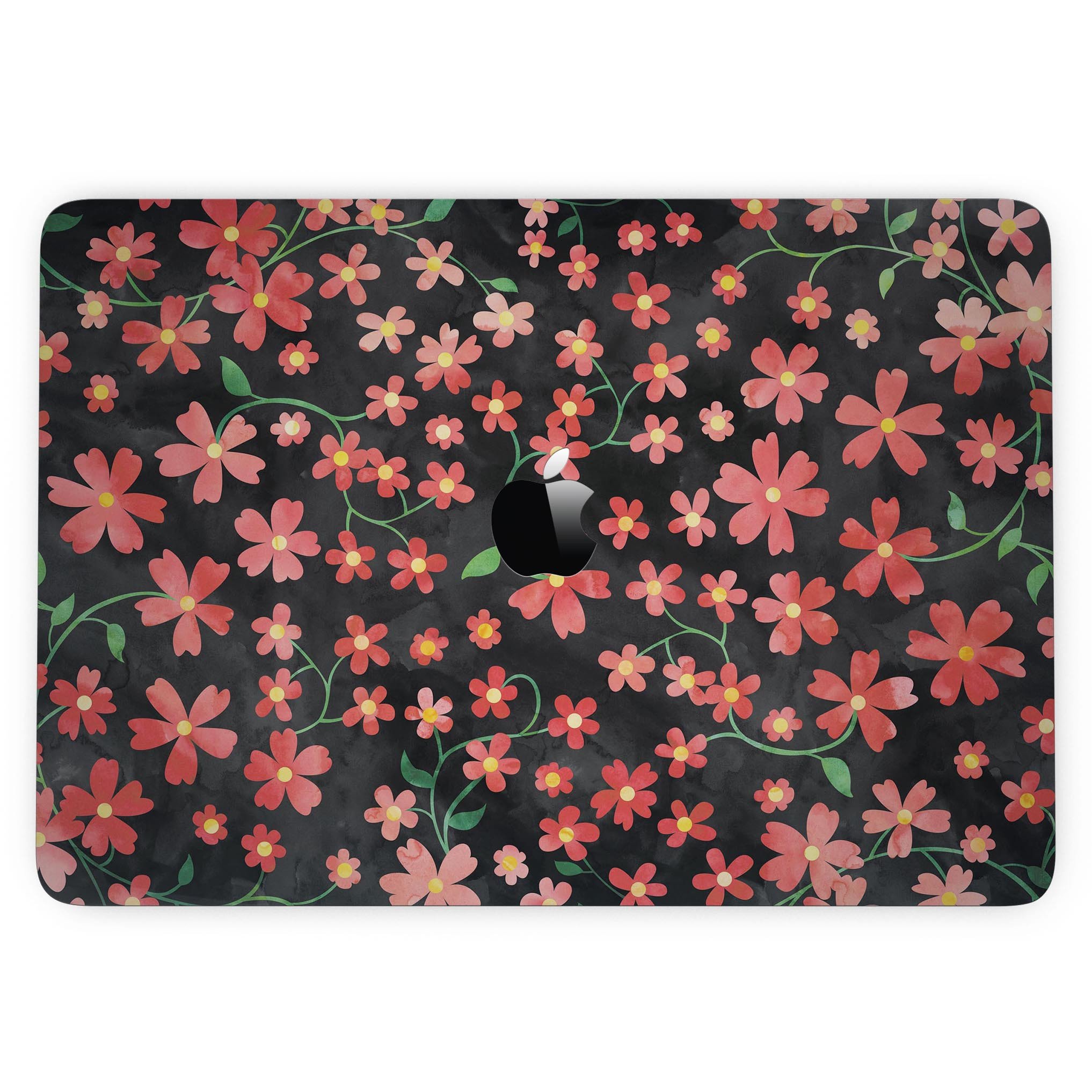 A MacBook Pro with Touch Bar featuring a vibrant Flowers with Stems design skin, showcasing its stylish floral pattern against a black watercolor background.