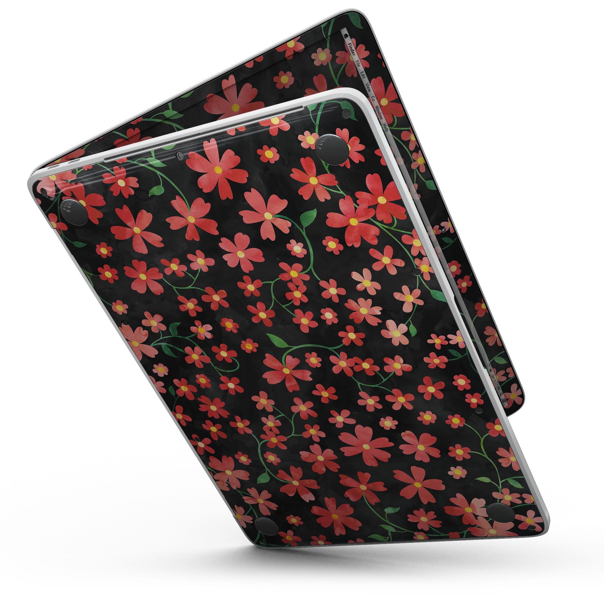 A MacBook Pro with Touch Bar featuring a vibrant Flowers with Stems design skin, showcasing its stylish floral pattern against a black watercolor background.
