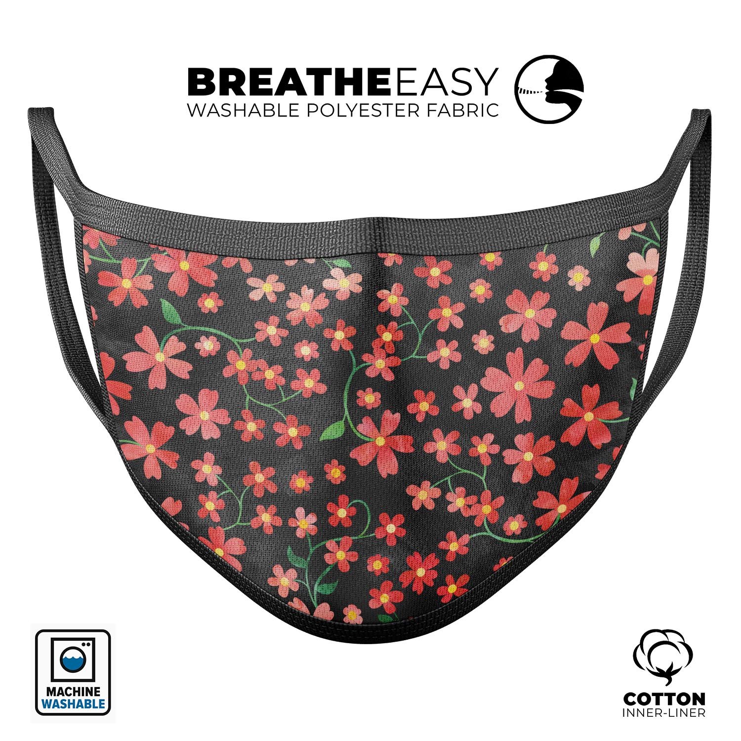 A stylish reusable face mask featuring flowers with stems over a black watercolor background, made in the USA.