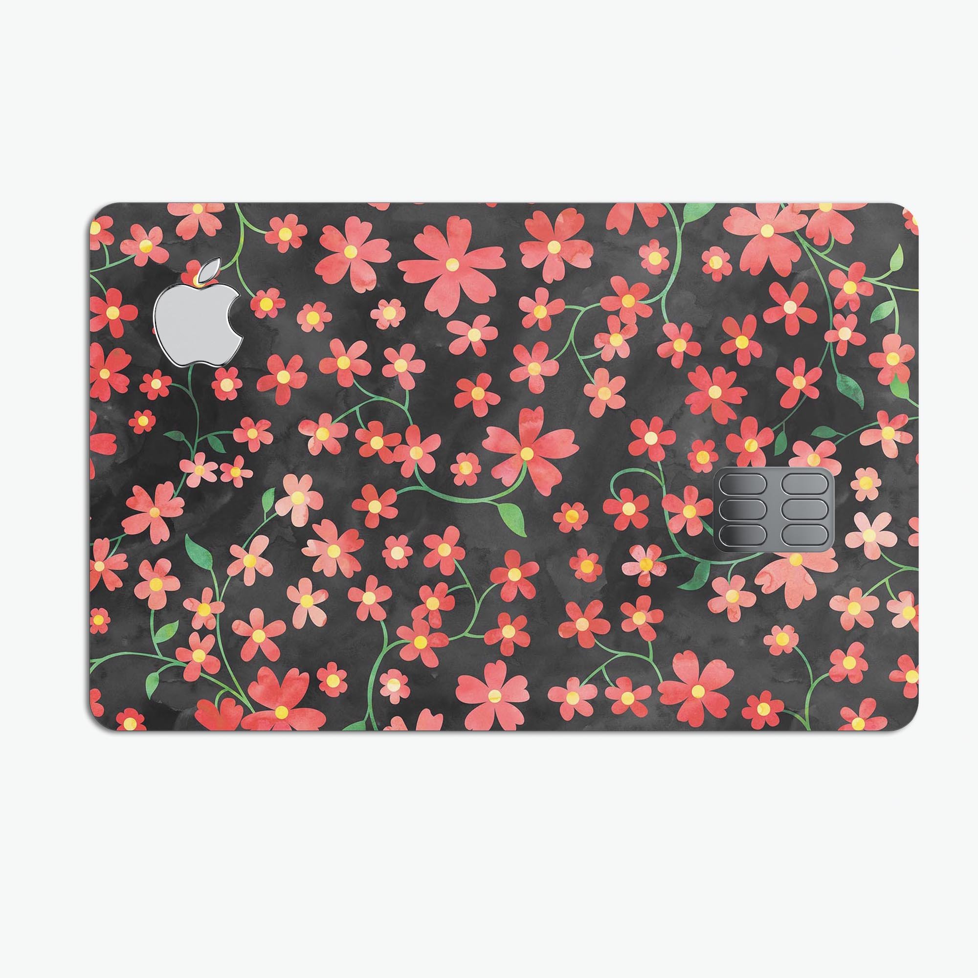 Premium protective decal featuring flowers with stems over a black watercolor background, designed for Apple Card.