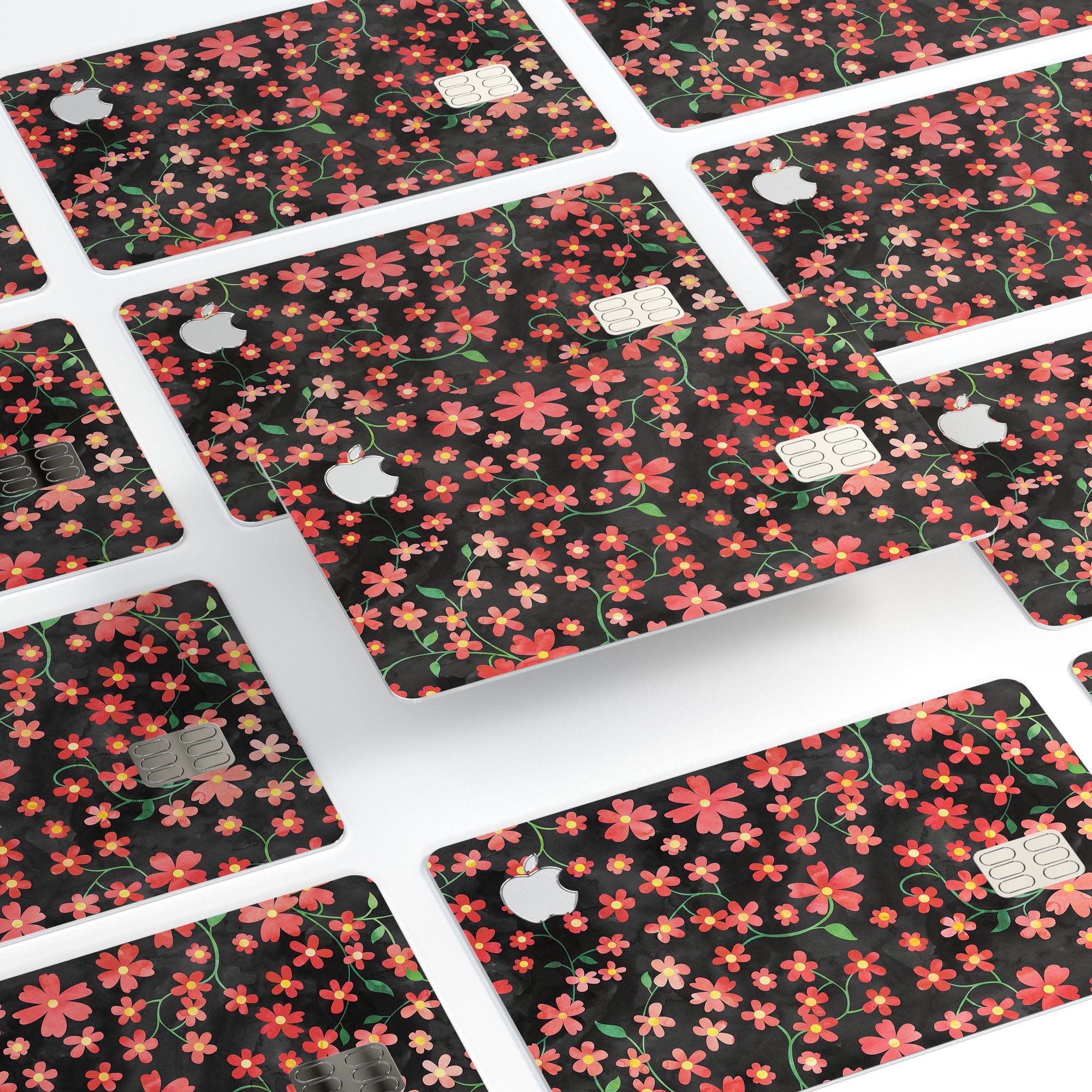 Premium protective decal featuring flowers with stems over a black watercolor background, designed for Apple Card.