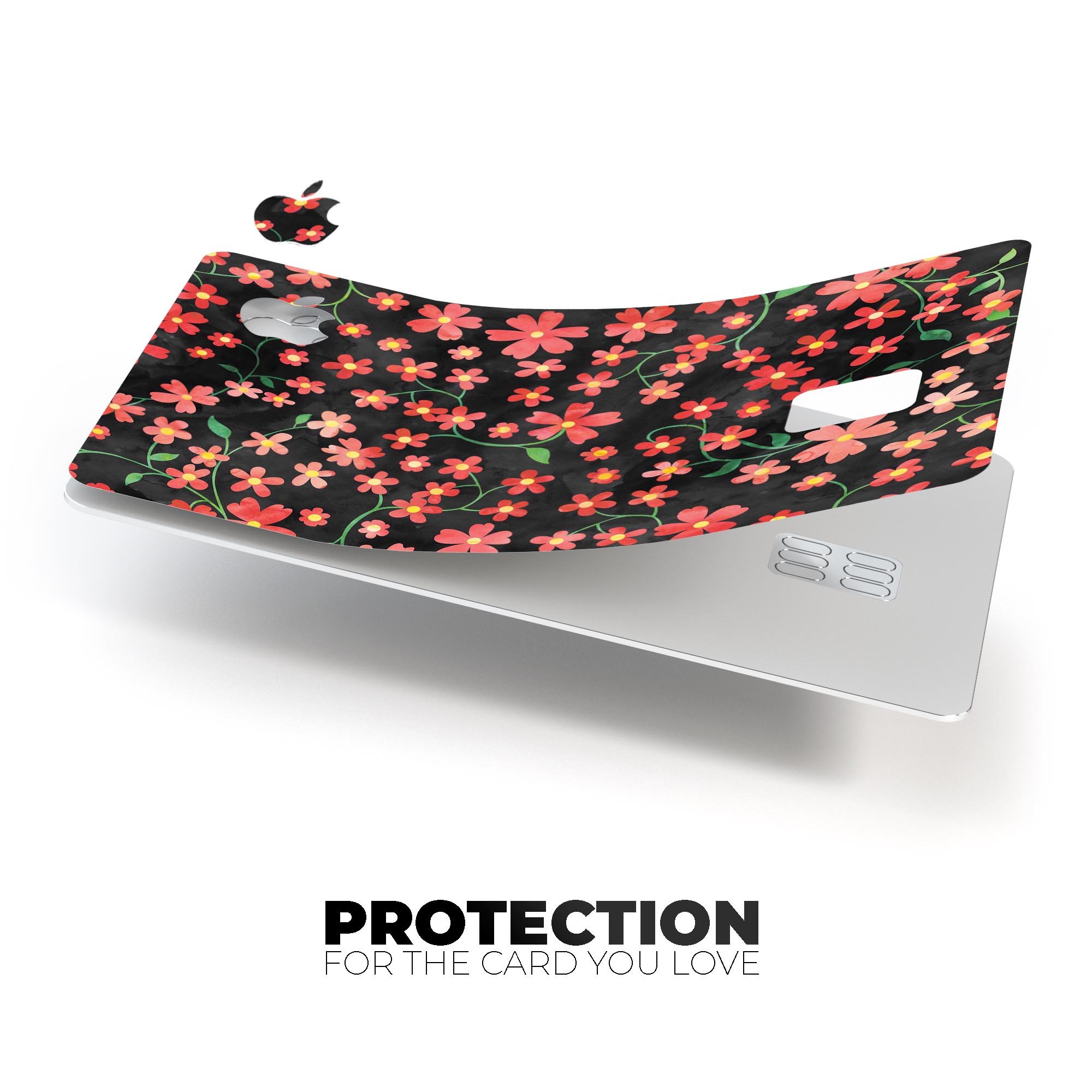 Premium protective decal featuring flowers with stems over a black watercolor background, designed for Apple Card.