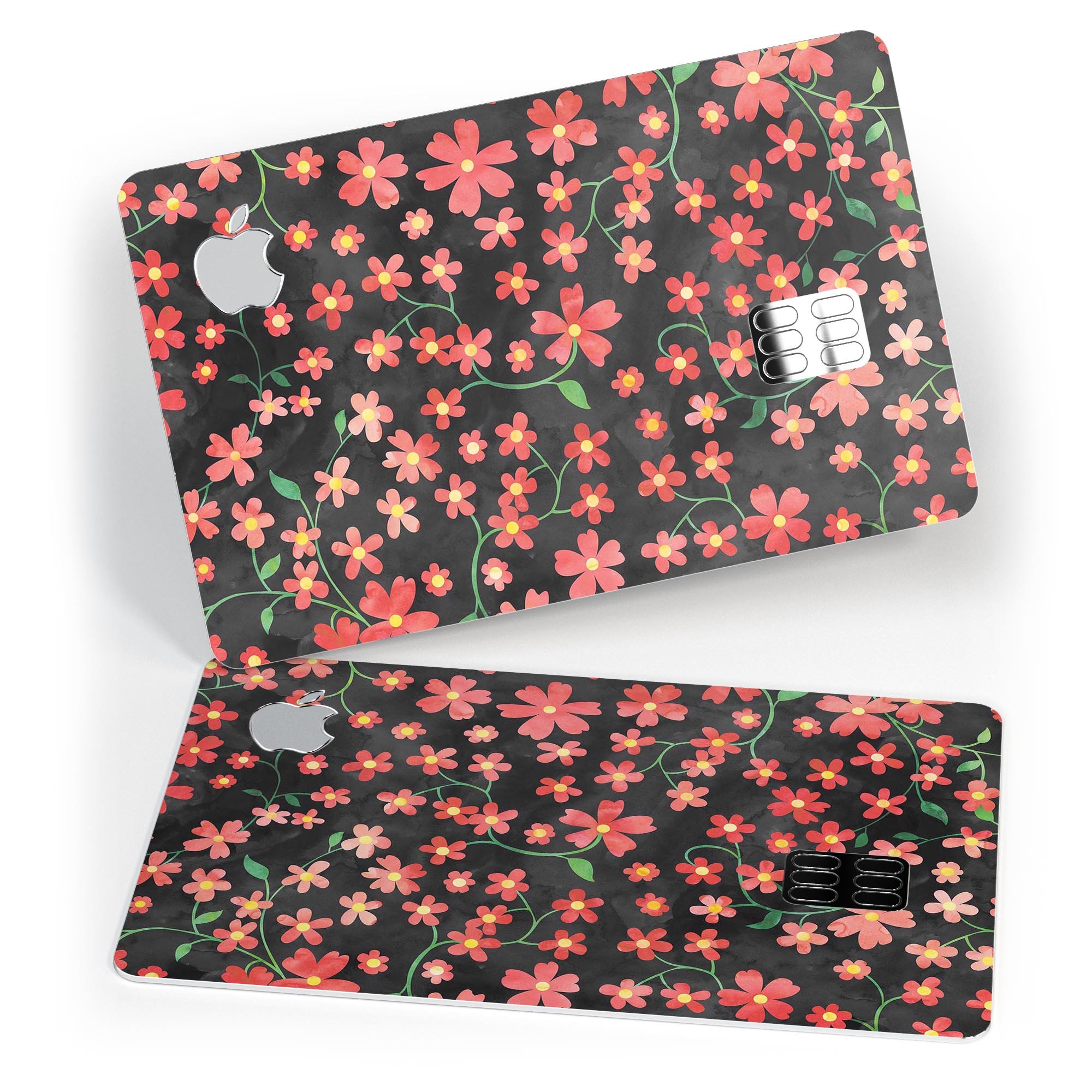 Premium protective decal featuring flowers with stems over a black watercolor background, designed for Apple Card.