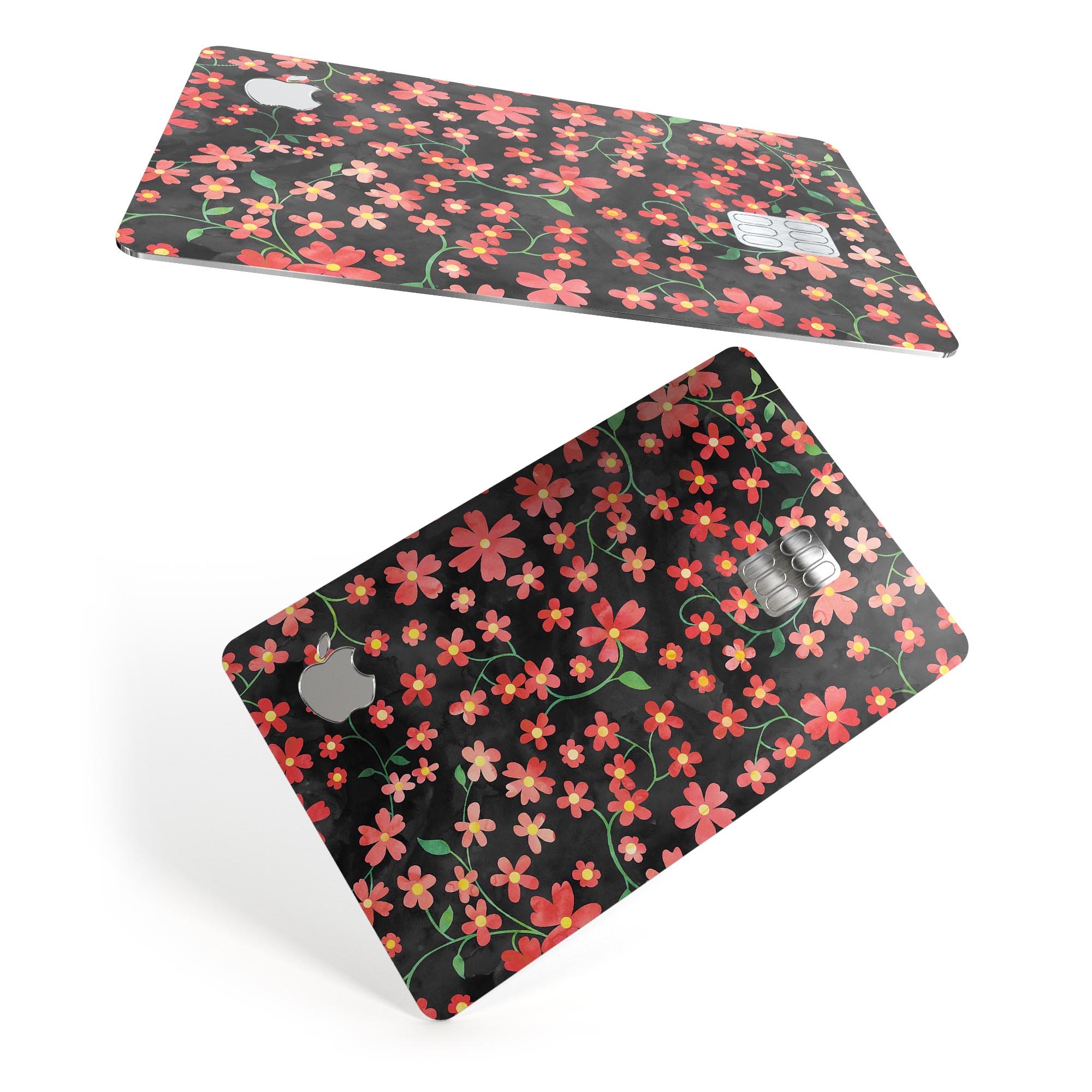 Premium protective decal featuring flowers with stems over a black watercolor background, designed for Apple Card.
