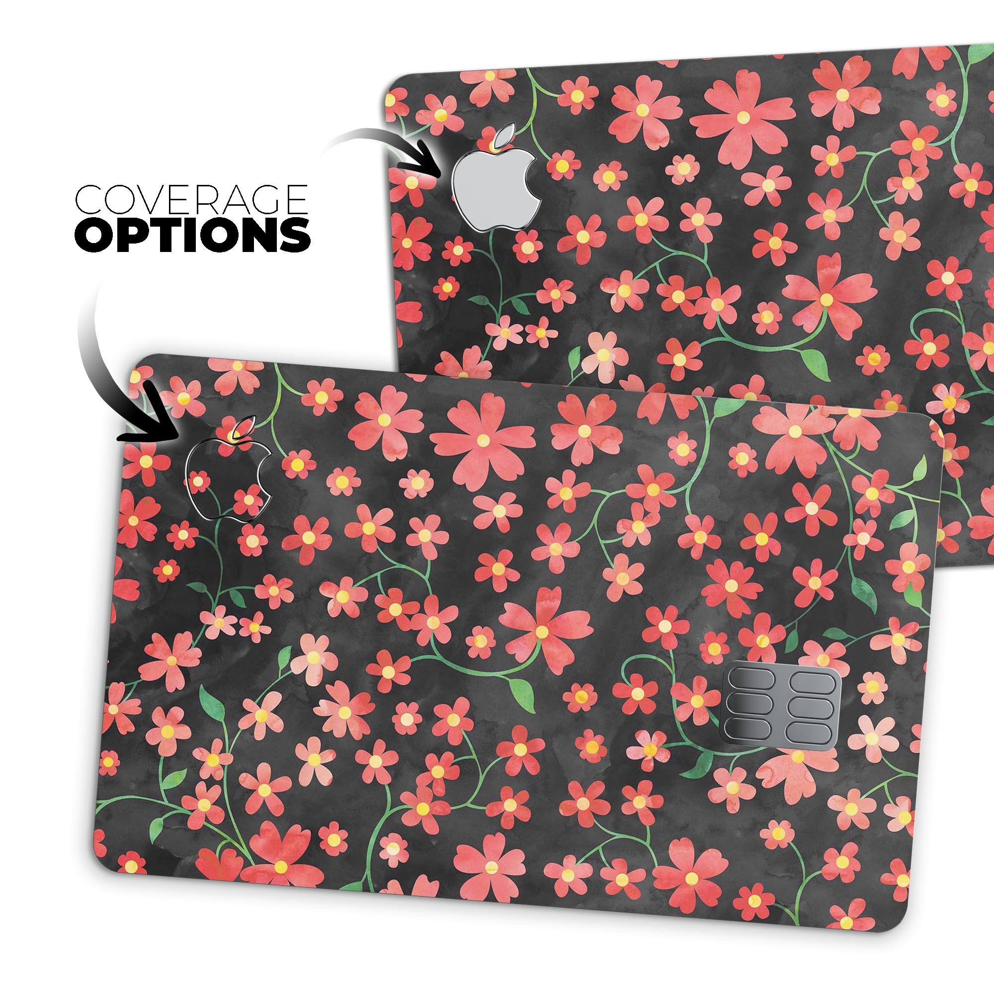 Premium protective decal featuring flowers with stems over a black watercolor background, designed for Apple Card.