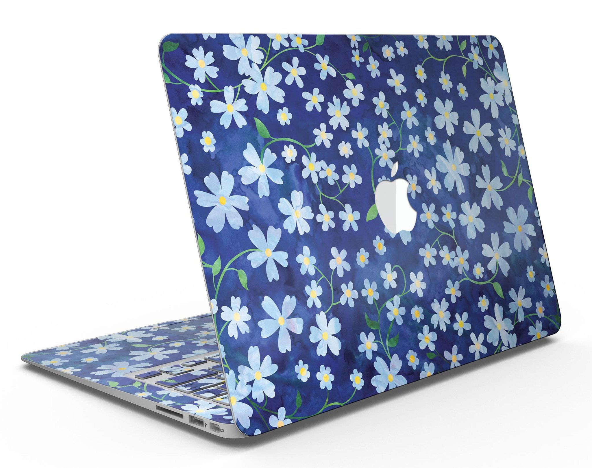 Flowers with Stems design on a blue watercolor background for MacBook Air skin kit, showcasing vibrant colors and intricate details.