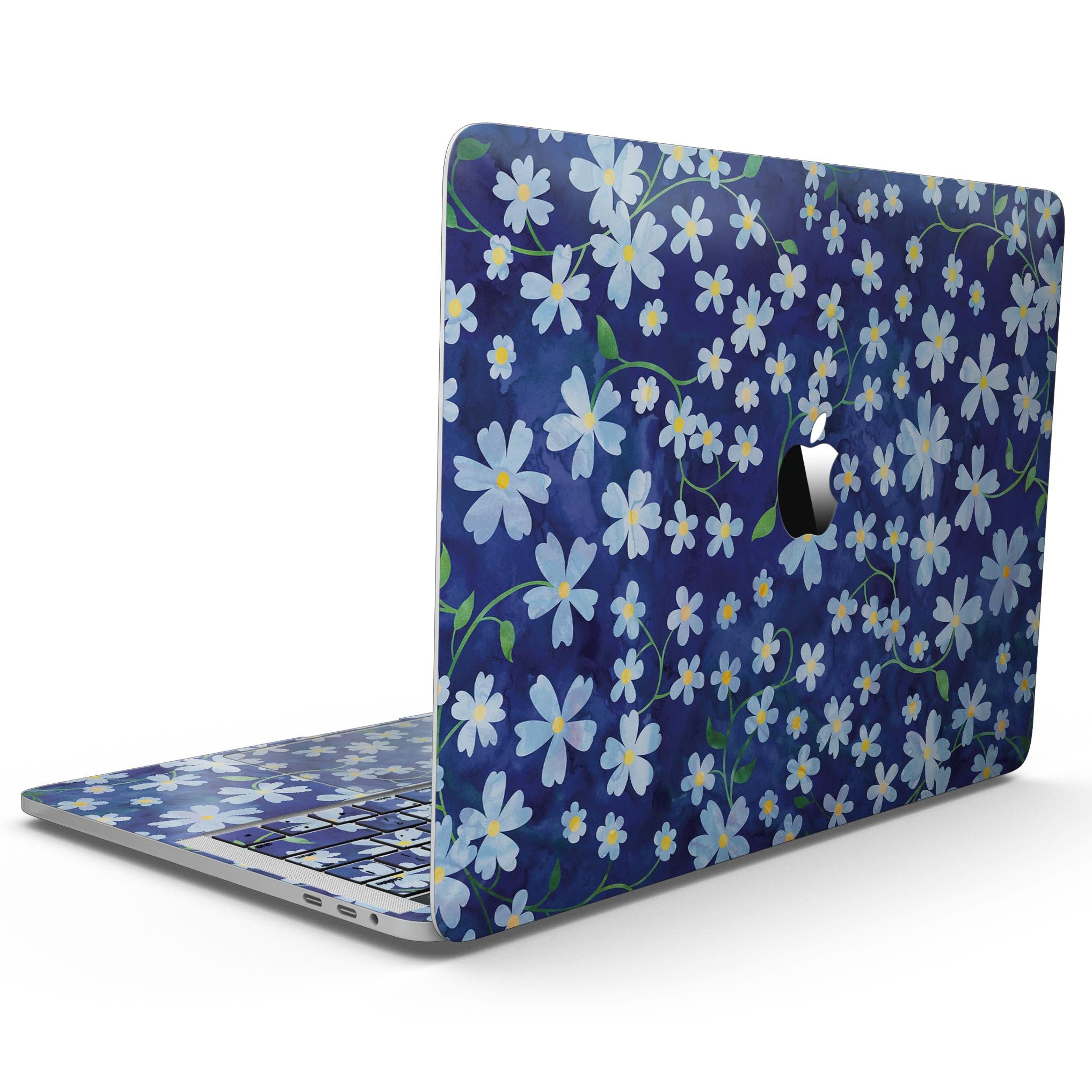 A MacBook Pro with Touch Bar featuring a vibrant Flowers with Stems over Blue Watercolor skin, showcasing intricate floral designs on a blue background.