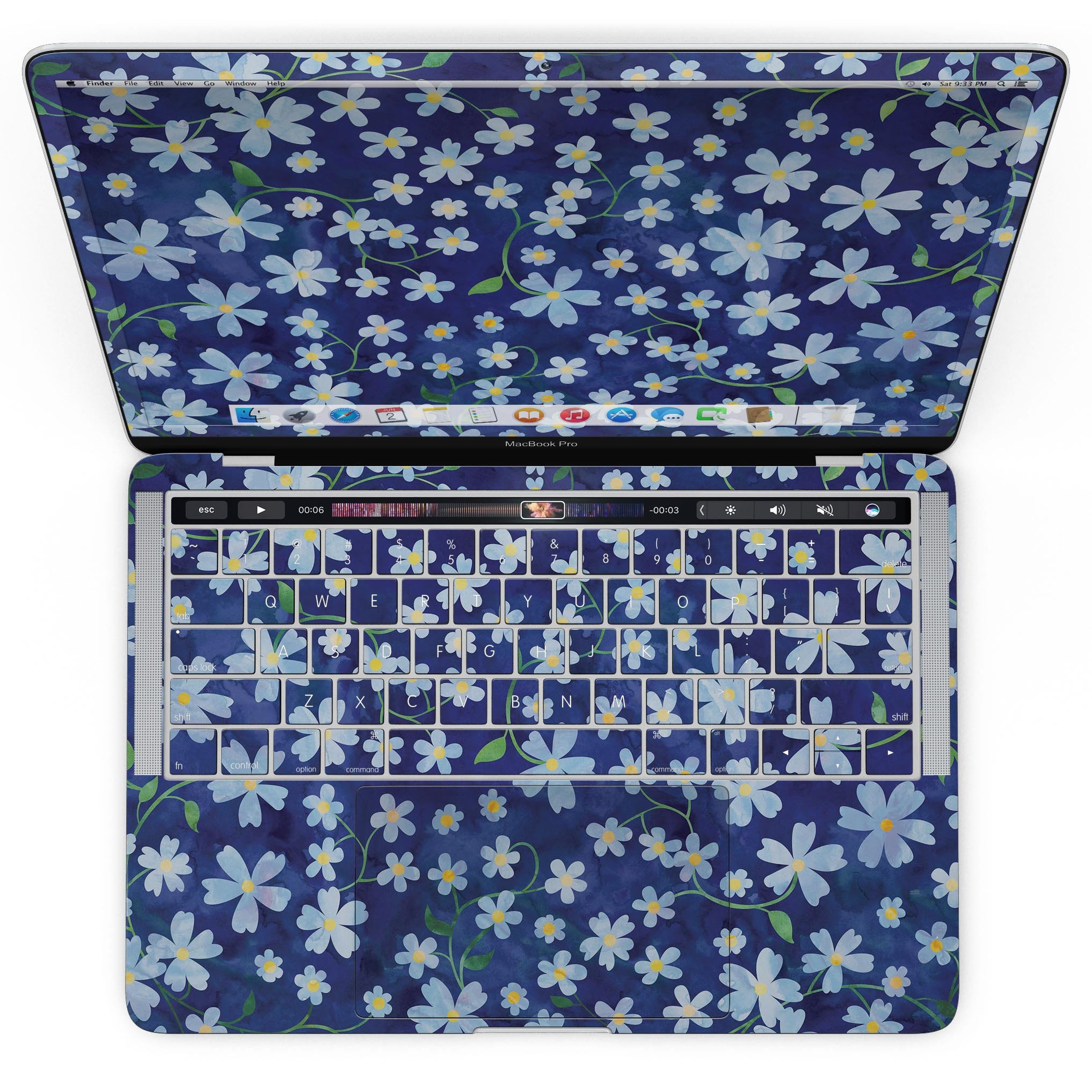 A MacBook Pro with Touch Bar featuring a vibrant Flowers with Stems over Blue Watercolor skin, showcasing intricate floral designs on a blue background.