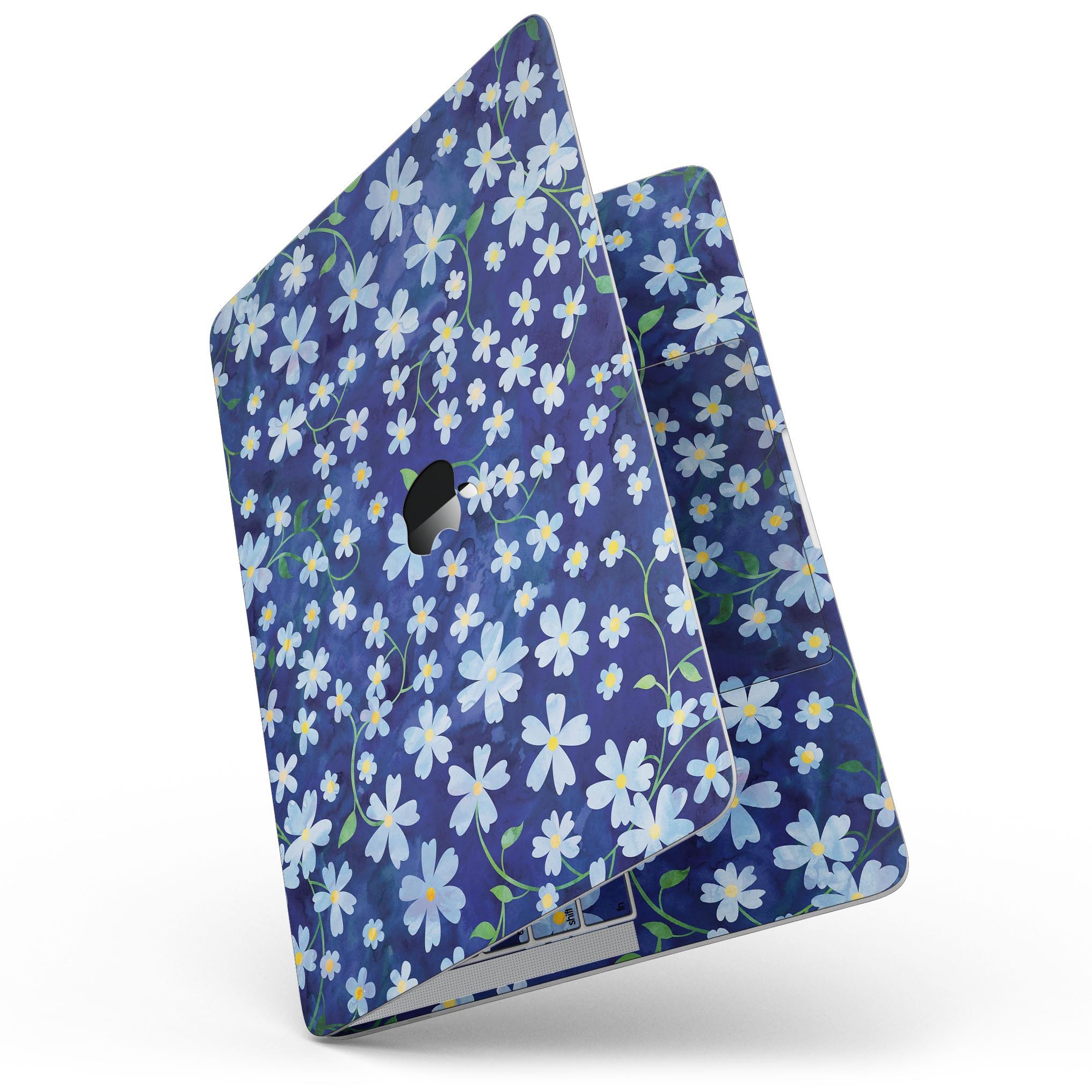 A MacBook Pro with Touch Bar featuring a vibrant Flowers with Stems over Blue Watercolor skin, showcasing intricate floral designs on a blue background.