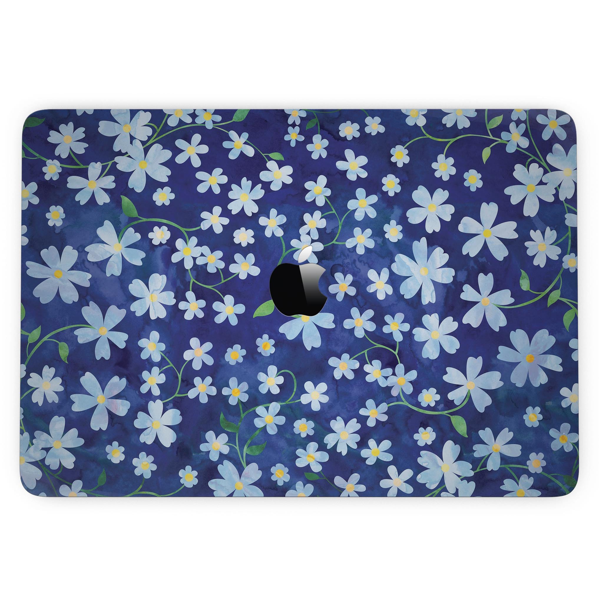 A MacBook Pro with Touch Bar featuring a vibrant Flowers with Stems over Blue Watercolor skin, showcasing intricate floral designs on a blue background.