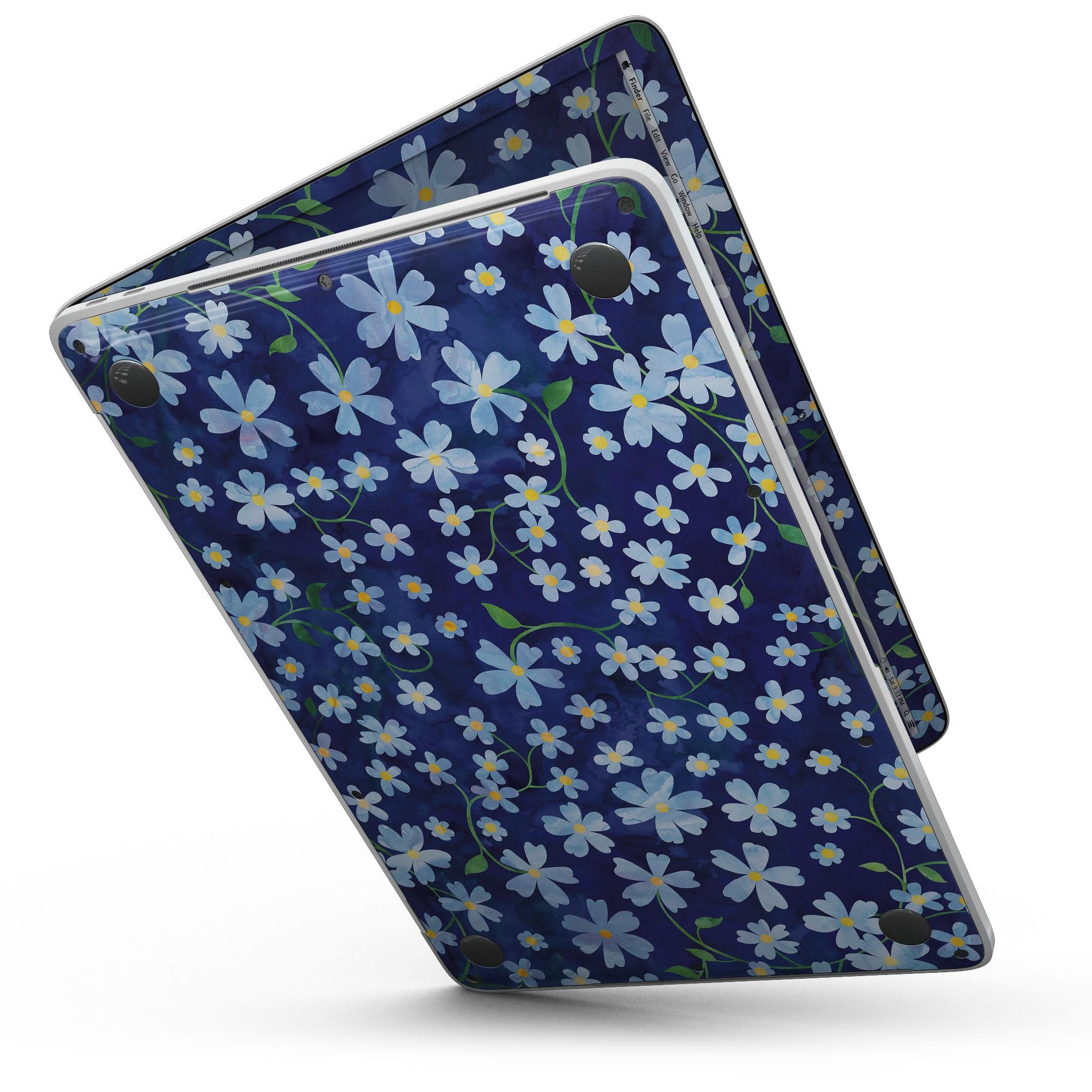 A MacBook Pro with Touch Bar featuring a vibrant Flowers with Stems over Blue Watercolor skin, showcasing intricate floral designs on a blue background.