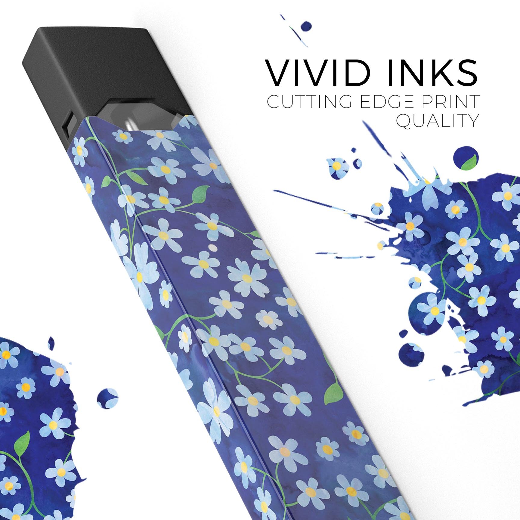 Premium decal featuring flowers with stems over a blue watercolor background, designed for JUUL vaping devices.