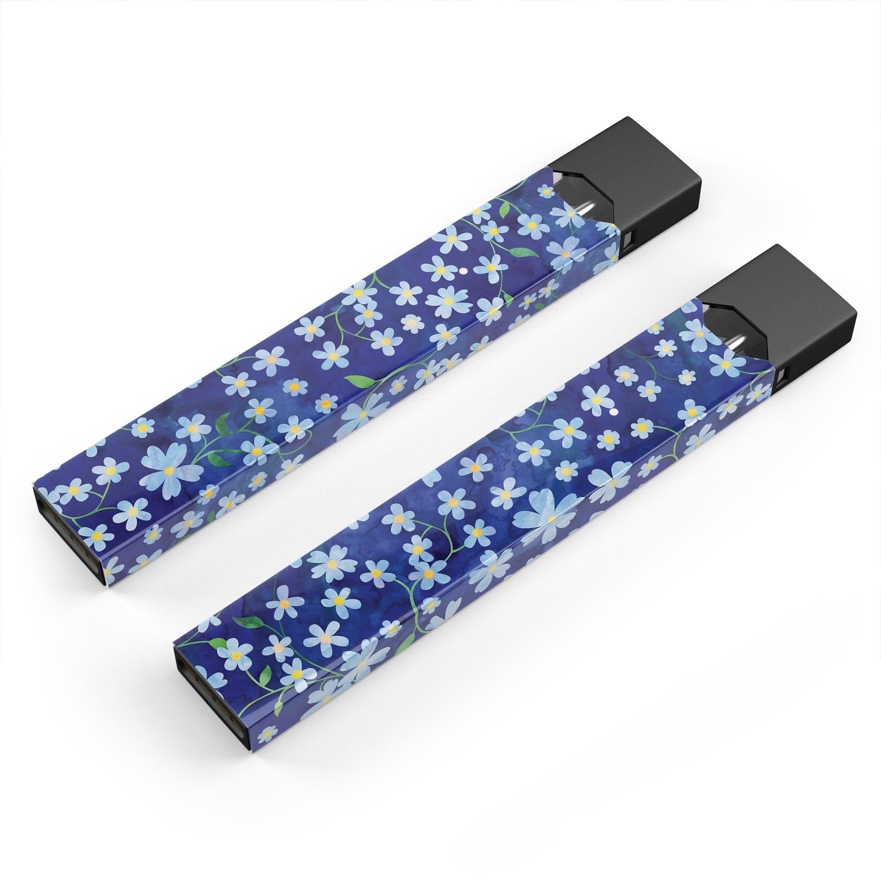 Premium decal featuring flowers with stems over a blue watercolor background, designed for JUUL vaping devices.