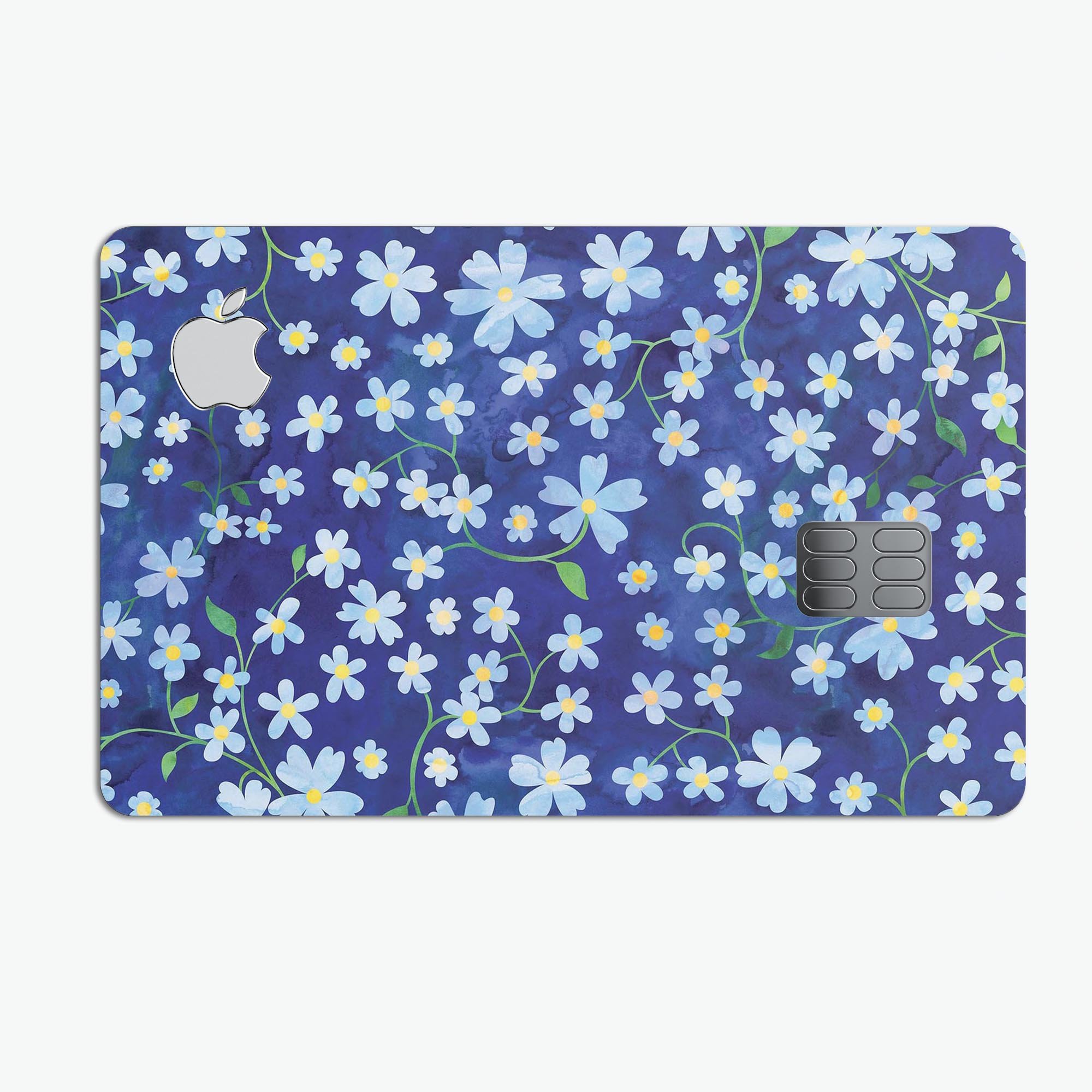 A vibrant Flowers with Stems over Blue Watercolor decal designed for Apple Card protection, showcasing floral patterns on a blue background.