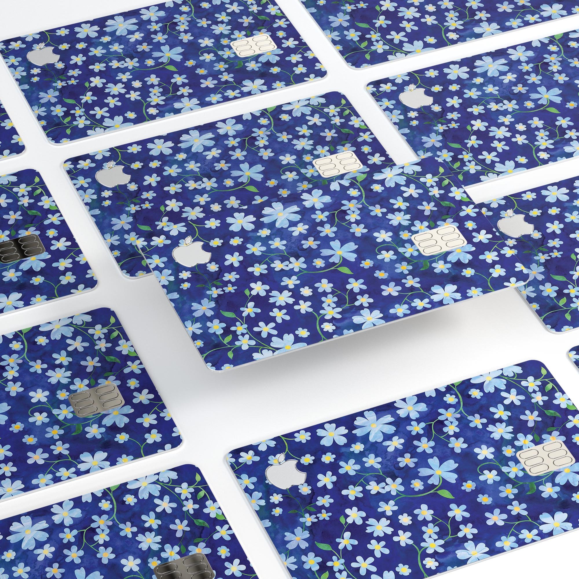 A vibrant Flowers with Stems over Blue Watercolor decal designed for Apple Card protection, showcasing floral patterns on a blue background.