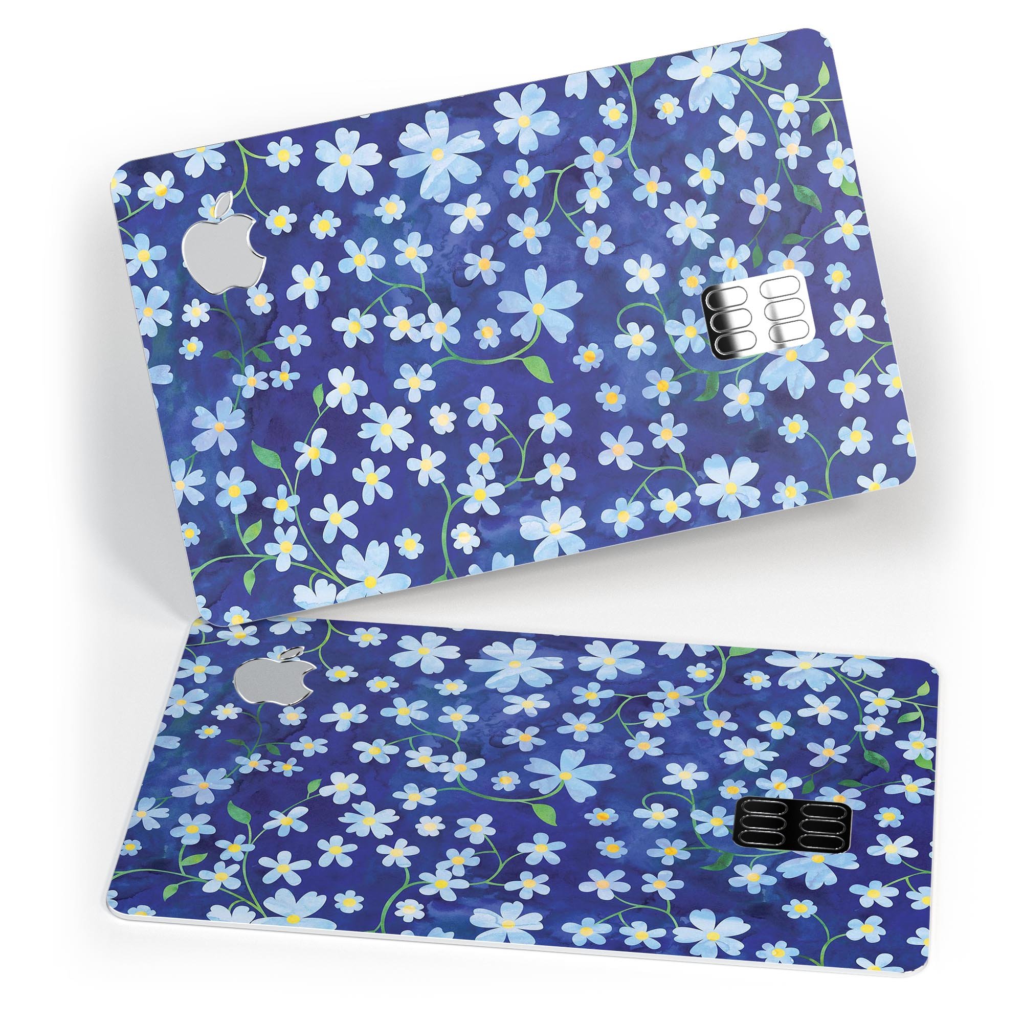 A vibrant Flowers with Stems over Blue Watercolor decal designed for Apple Card protection, showcasing floral patterns on a blue background.