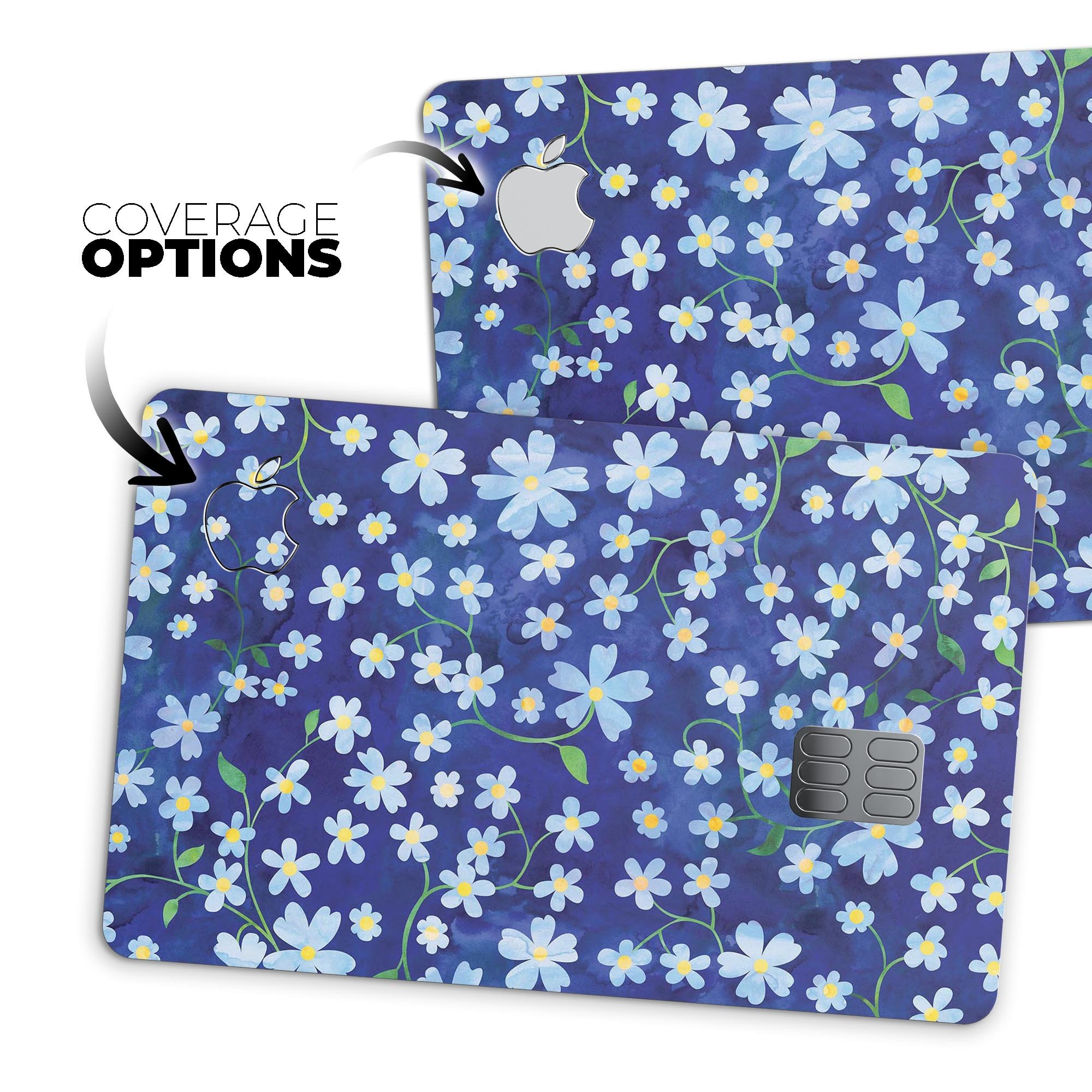 A vibrant Flowers with Stems over Blue Watercolor decal designed for Apple Card protection, showcasing floral patterns on a blue background.