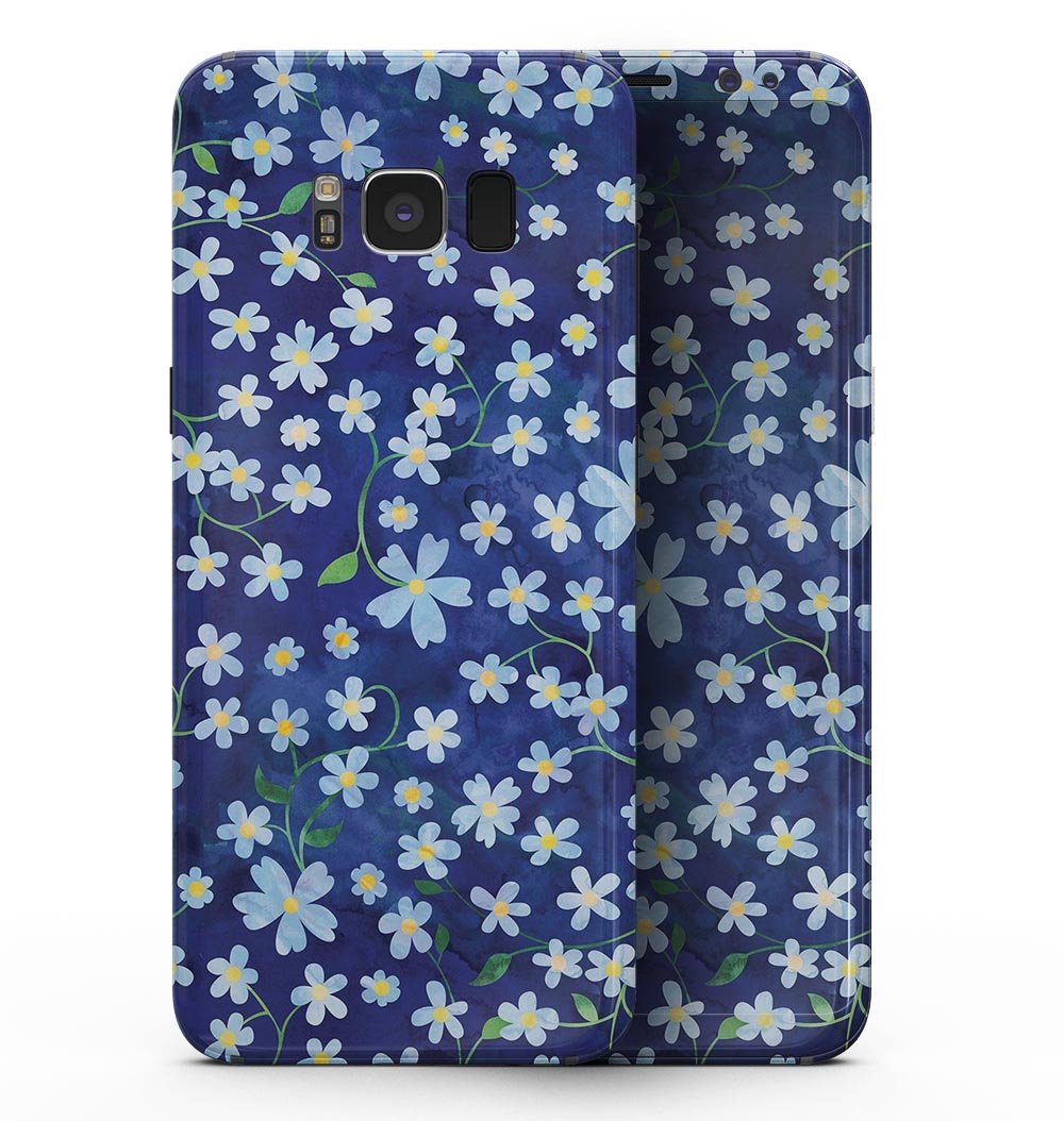 Samsung Galaxy S8 with Flowers and Stems design over a blue watercolor background, showcasing a stylish and protective skin.