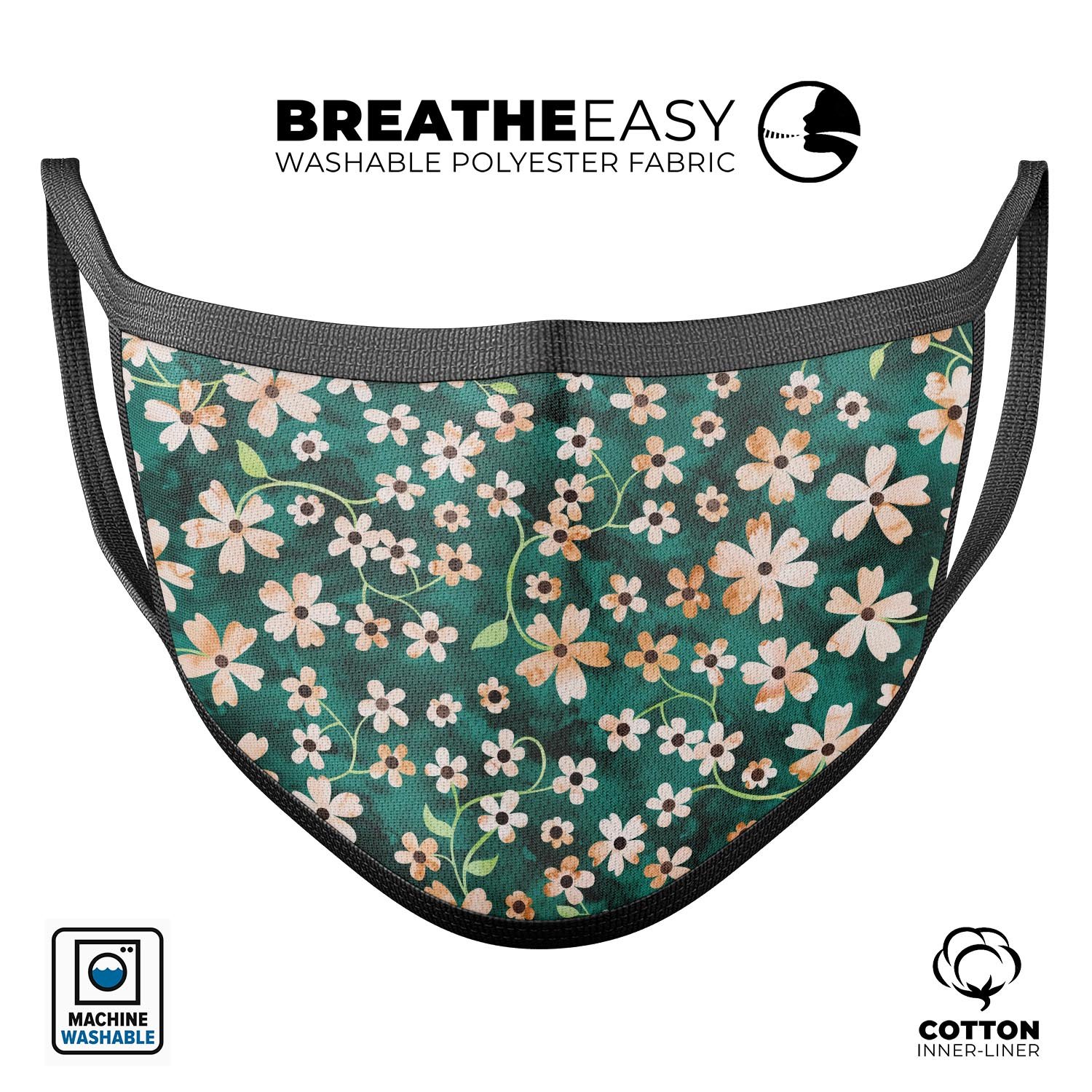 A colorful face mask featuring flowers with stems over a deep green watercolor background, showcasing its vibrant design and adjustable ear loops.