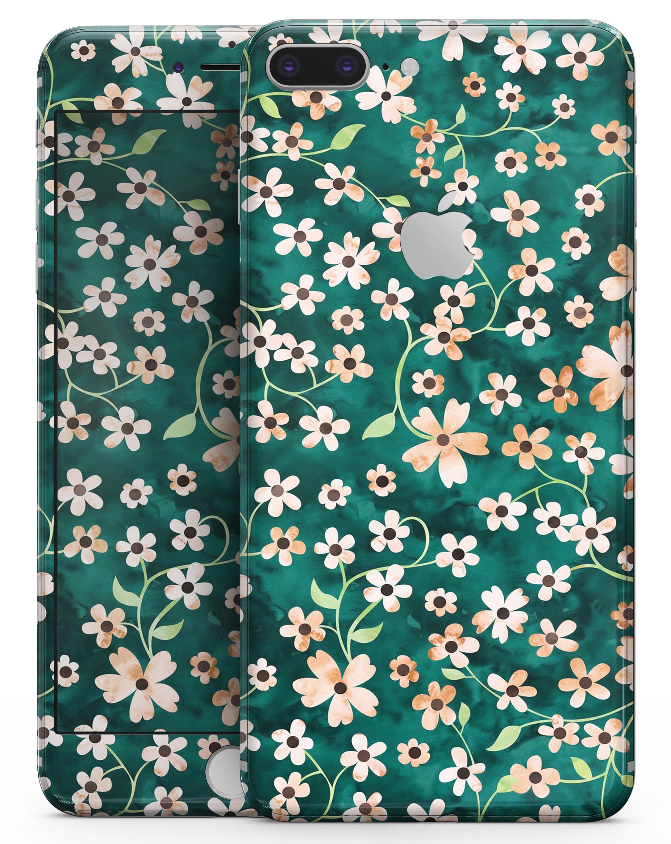 A vibrant skin design featuring flowers with stems over a deep green watercolor background, tailored for iPhone 8 and 8 Plus.