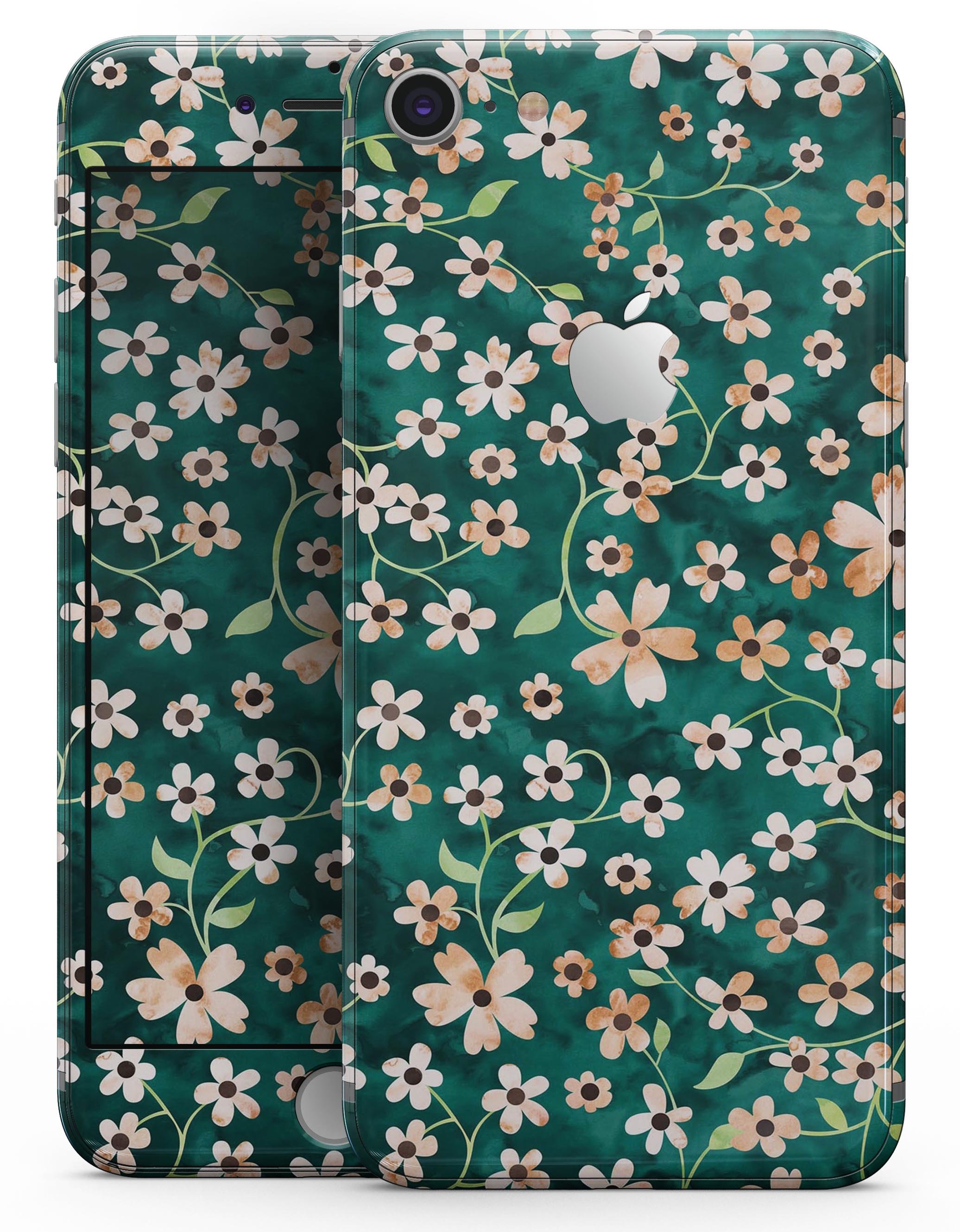 A vibrant skin design featuring flowers with stems over a deep green watercolor background, tailored for iPhone 8 and 8 Plus.