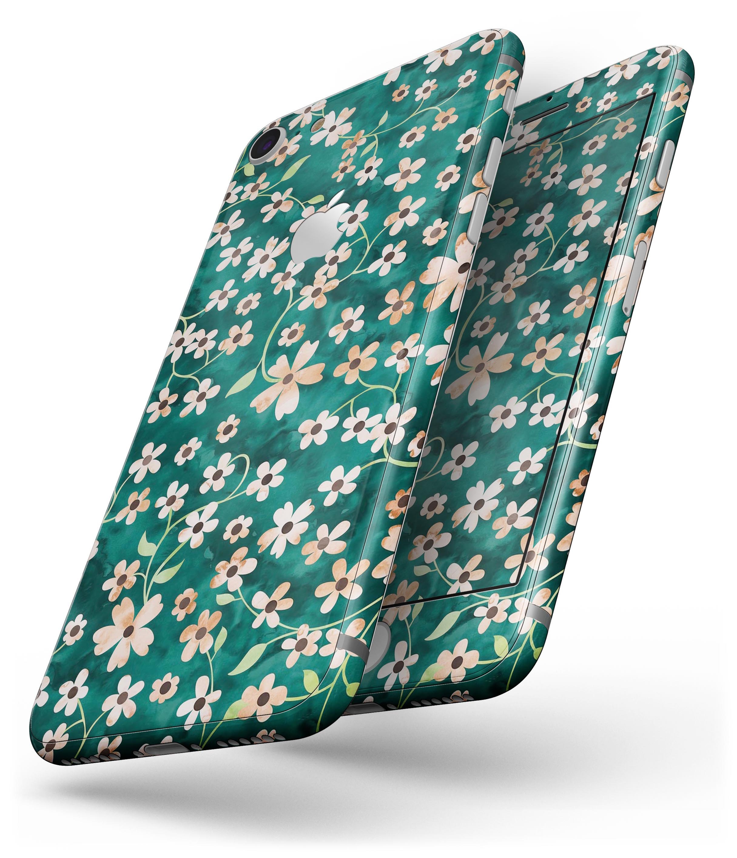 A vibrant skin design featuring flowers with stems over a deep green watercolor background, tailored for iPhone 8 and 8 Plus.