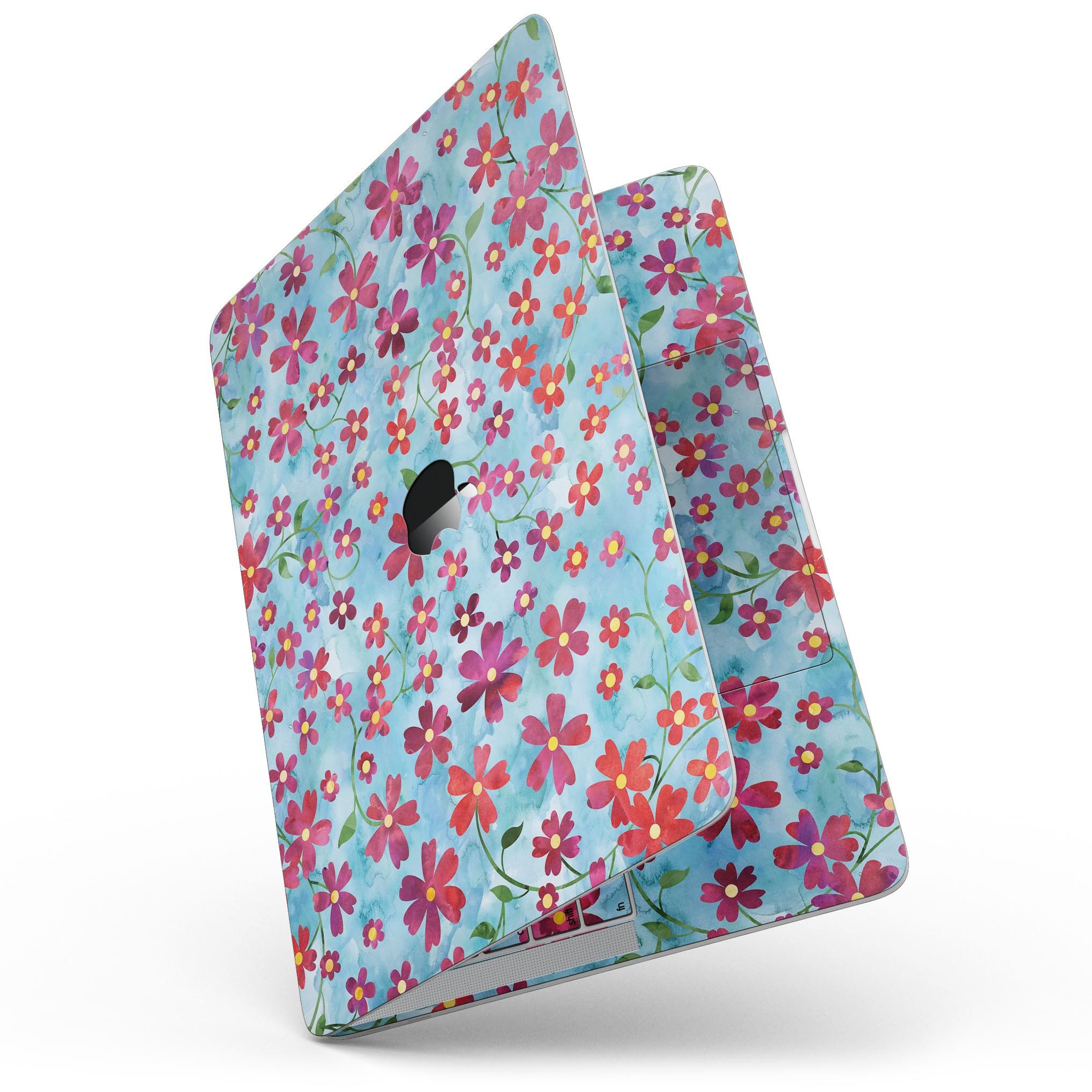 A 13-inch MacBook Pro with a floral design skin featuring stems over a light blue watercolor background, showcasing elegance and style.