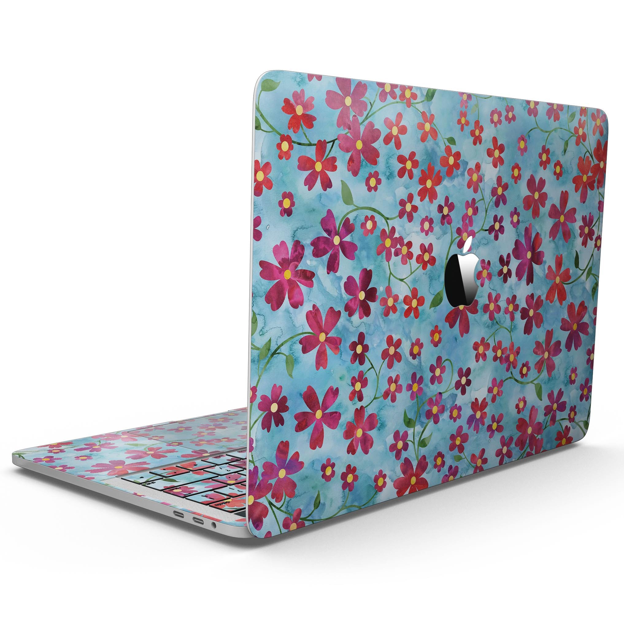 A 13-inch MacBook Pro with a floral design skin featuring stems over a light blue watercolor background, showcasing elegance and style.