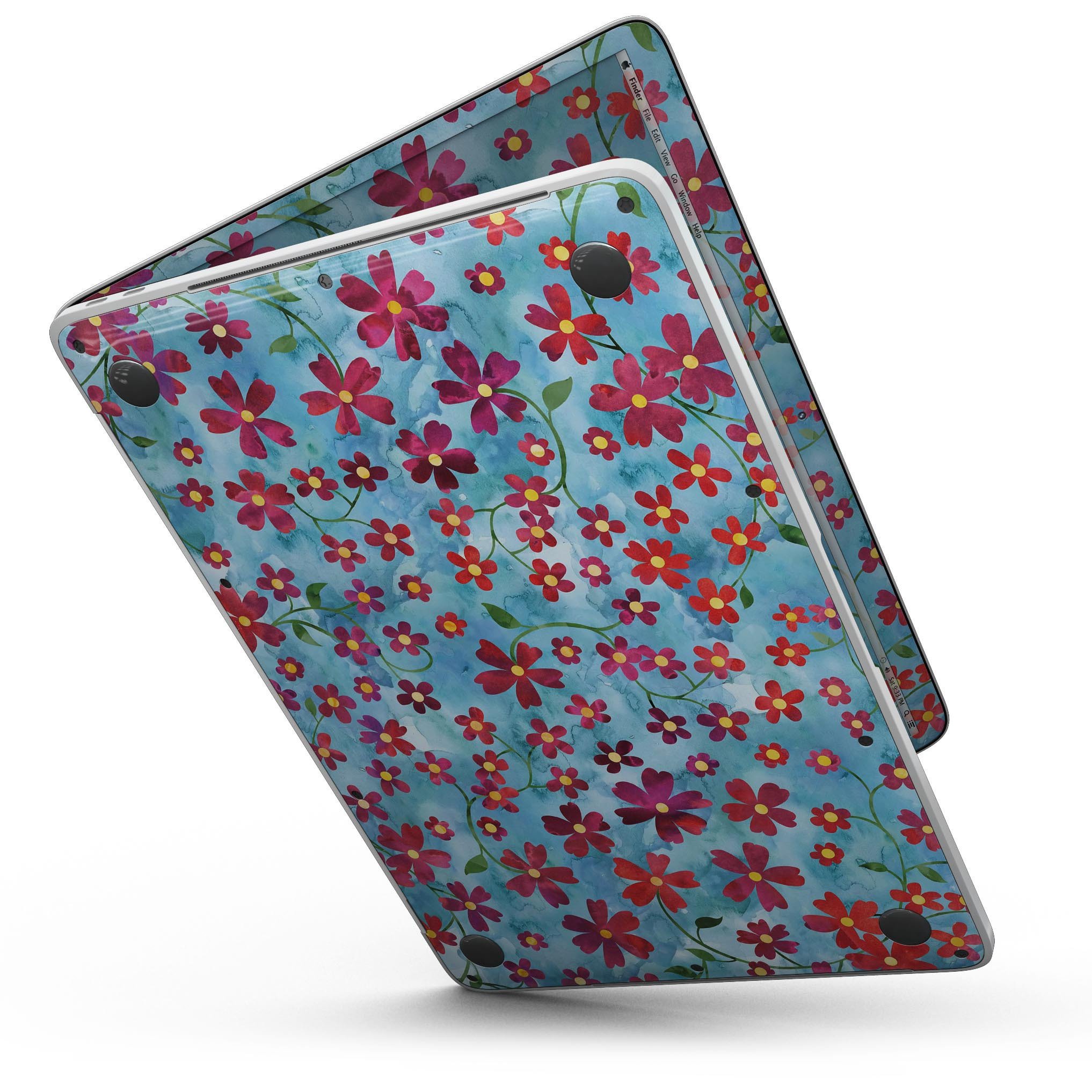 A 13-inch MacBook Pro with a floral design skin featuring stems over a light blue watercolor background, showcasing elegance and style.