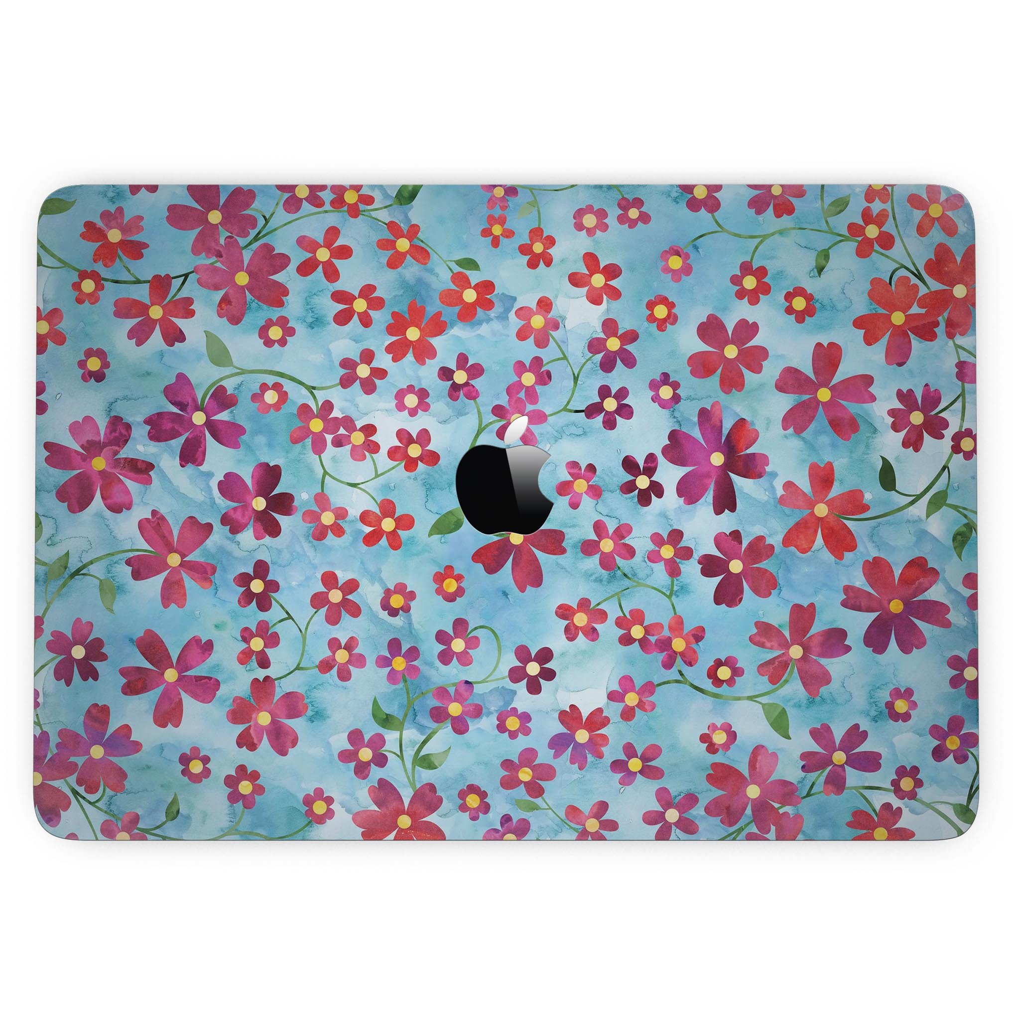 A 13-inch MacBook Pro with a floral design skin featuring stems over a light blue watercolor background, showcasing elegance and style.