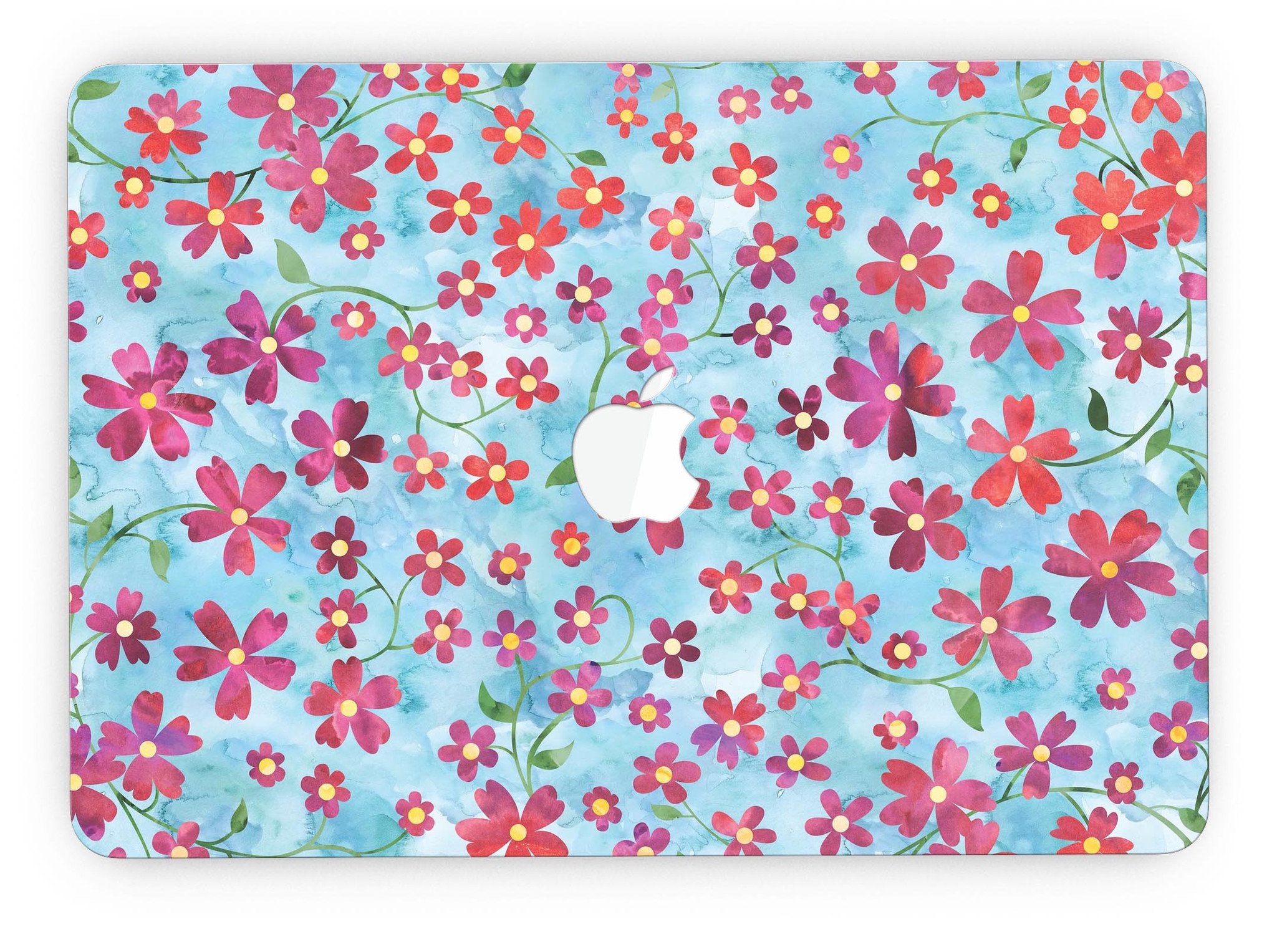 A MacBook Pro with a floral skin featuring stems over a light blue watercolor background, showcasing elegance and style.