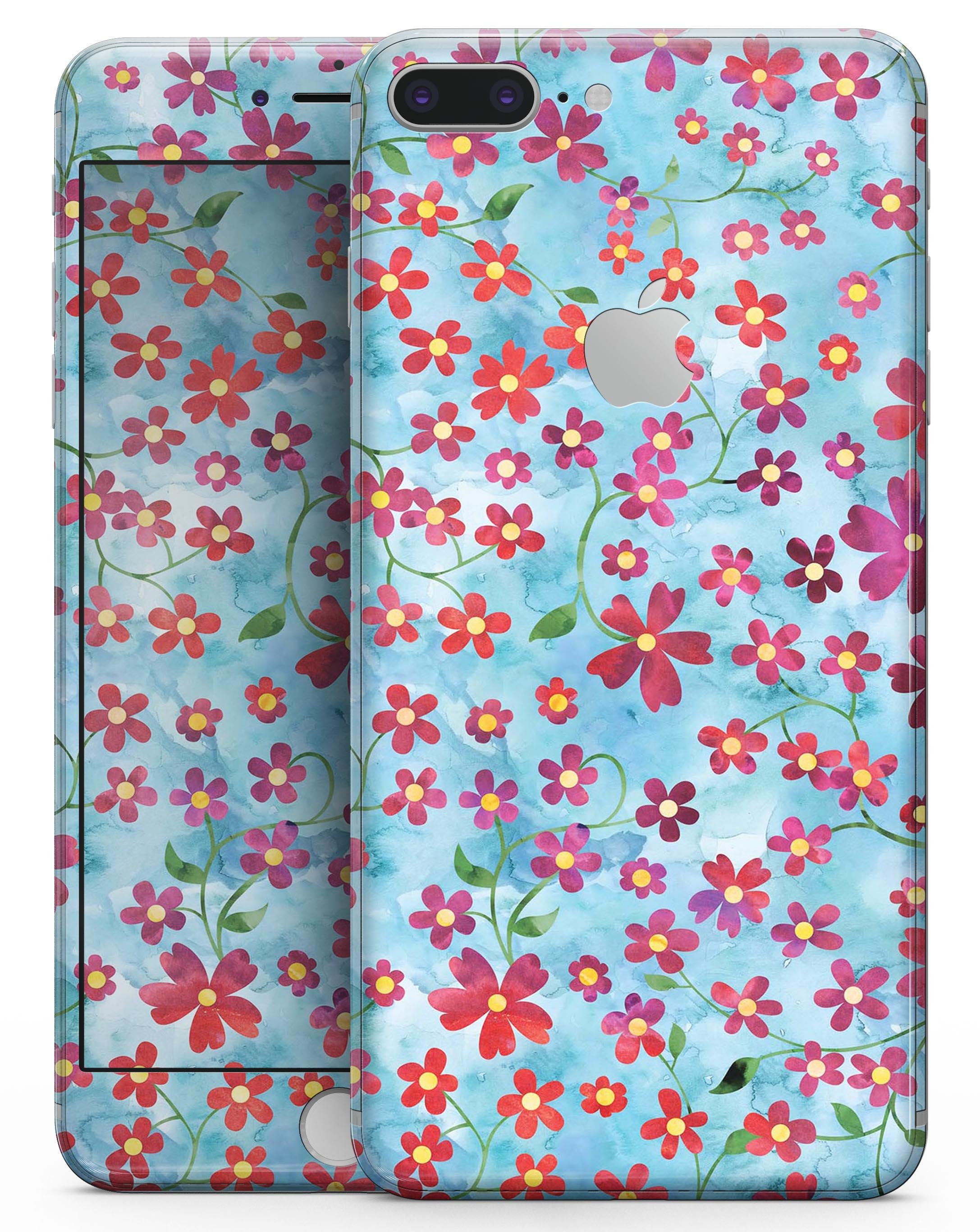 A vibrant floral skin design featuring flowers with stems over a light blue watercolor background, tailored for iPhone 8 and 8 Plus.