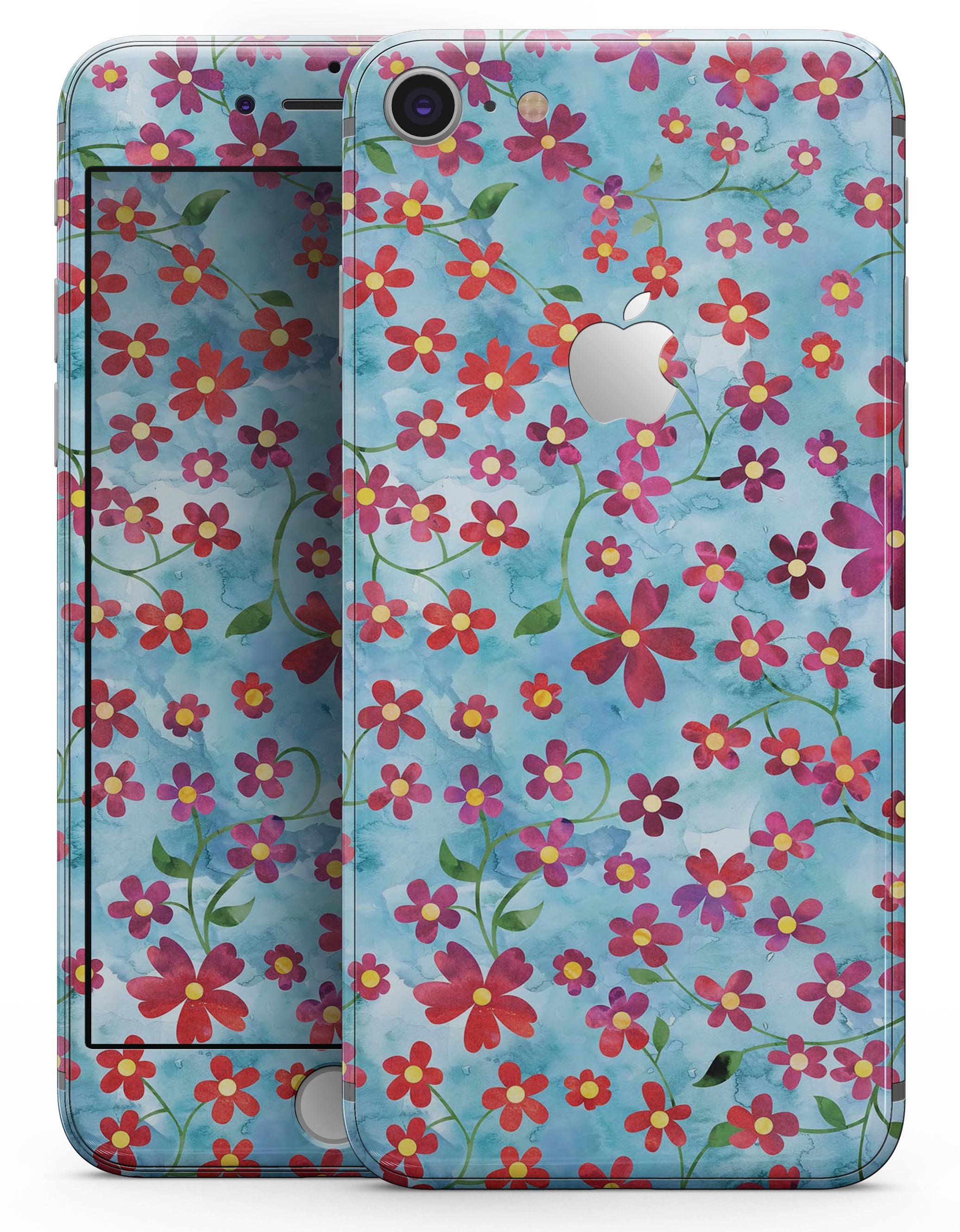 A vibrant floral skin design featuring flowers with stems over a light blue watercolor background, tailored for iPhone 8 and 8 Plus.